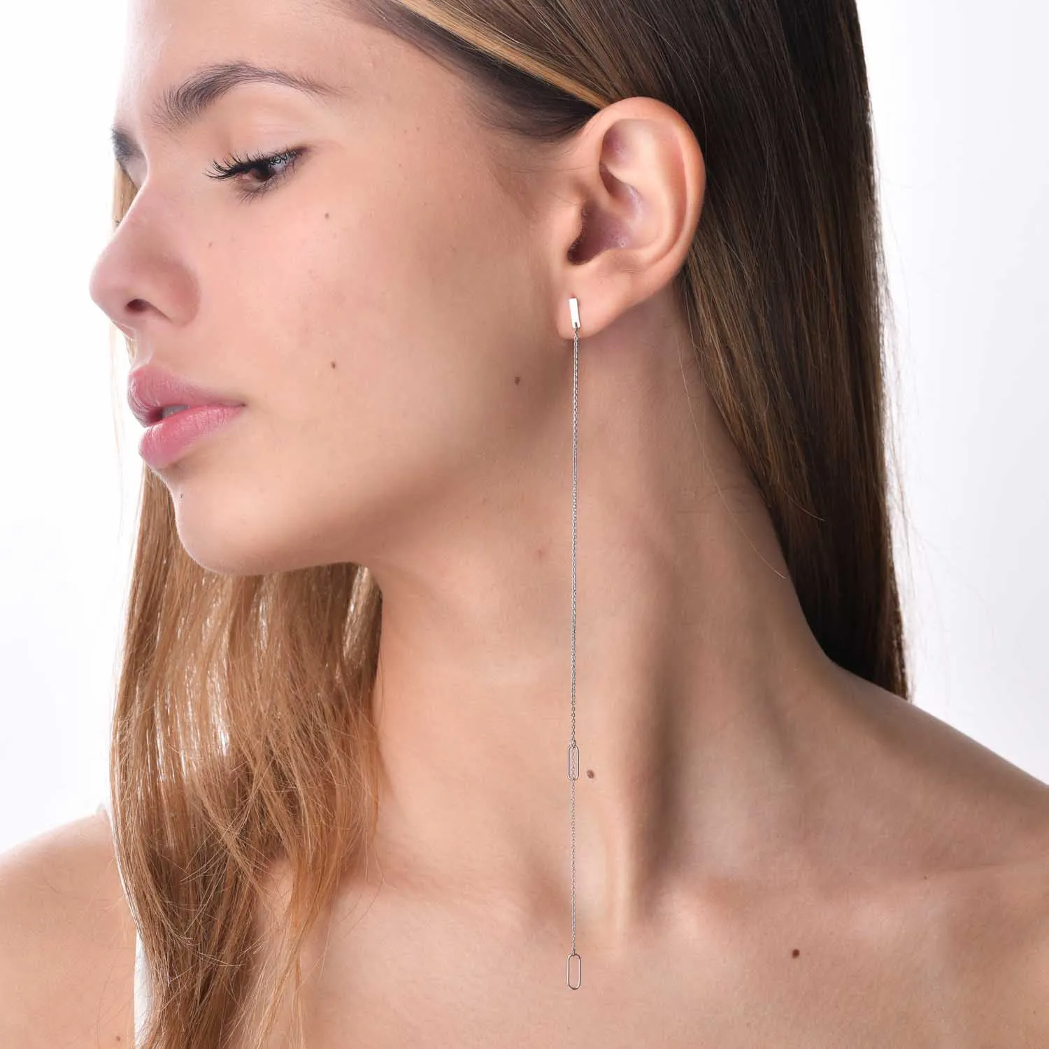 White gold long geometric earrings