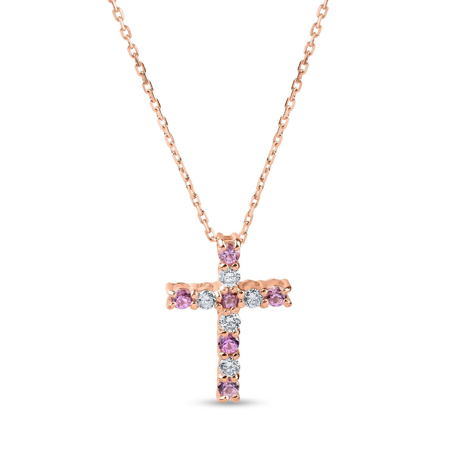 Rose gold cross pendant necklace with 0.2ct pink sapphires and 0.1ct diamonds