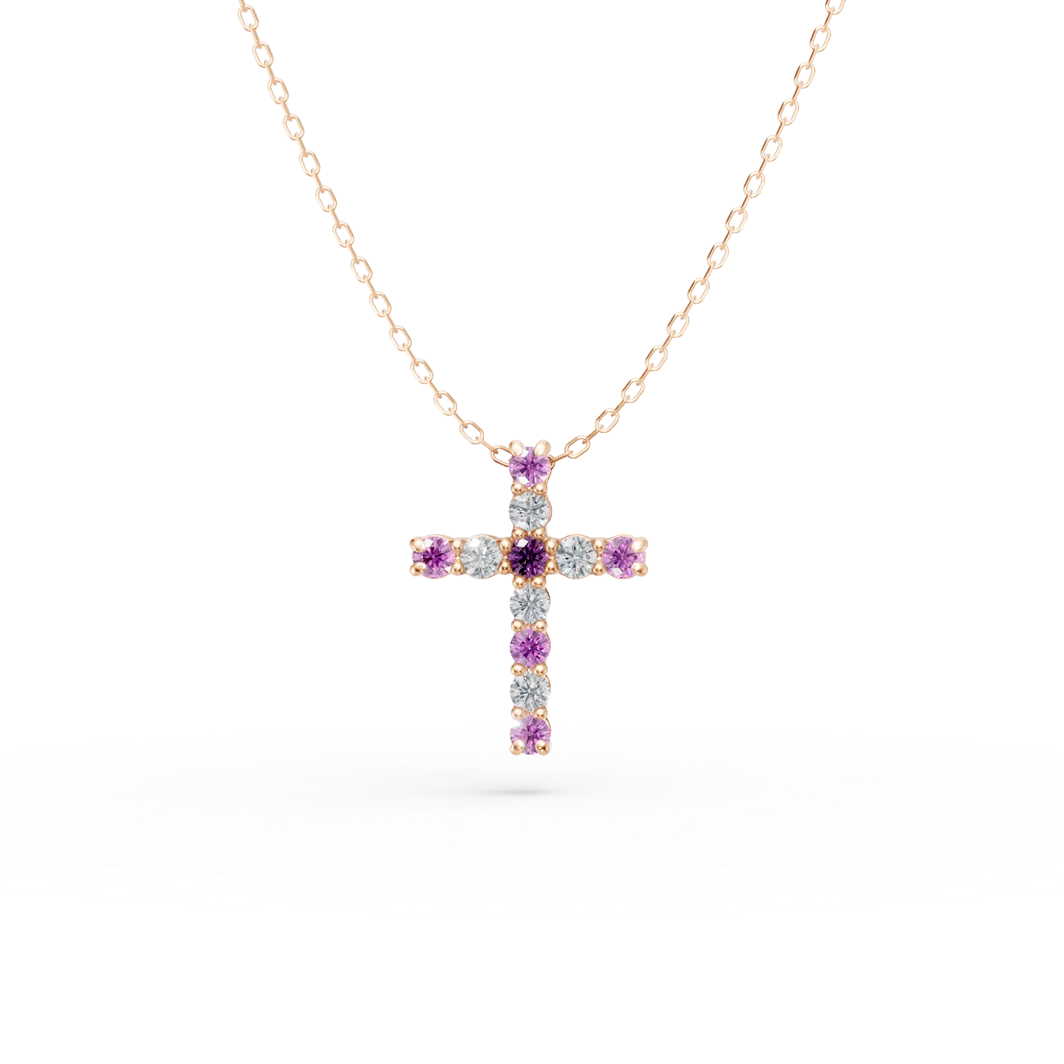 Teilor Lant cu pandantiv cruce din aur roz cu safire roz de 0.2ct si diamante de 0.1ct
