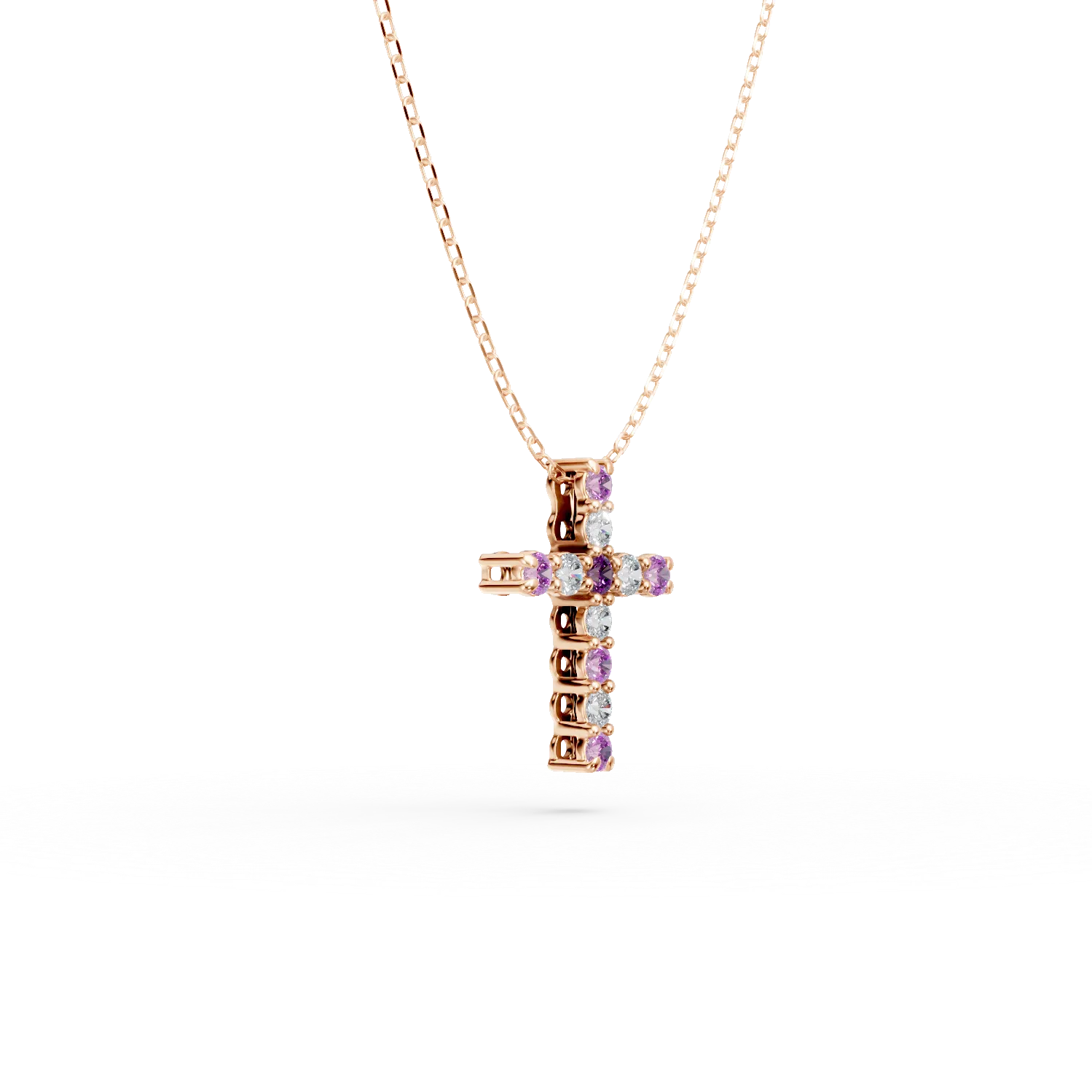Rose gold cross pendant necklace with 0.2ct pink sapphires and 0.1ct diamonds