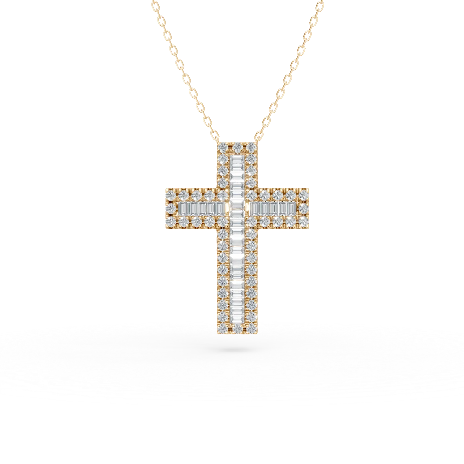 Lant cu pandantiv cruce din aur galben cu diamante baguette si rotunde de 0.4ct