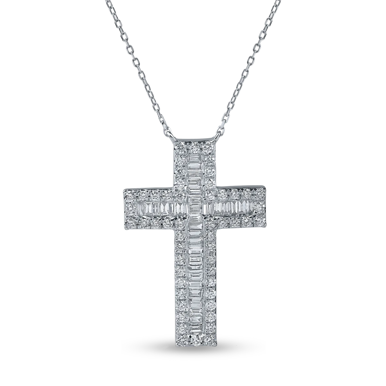 Teilor Lant cu pandantiv cruce din aur alb cu diamante baguette si rotunde de 0.7ct