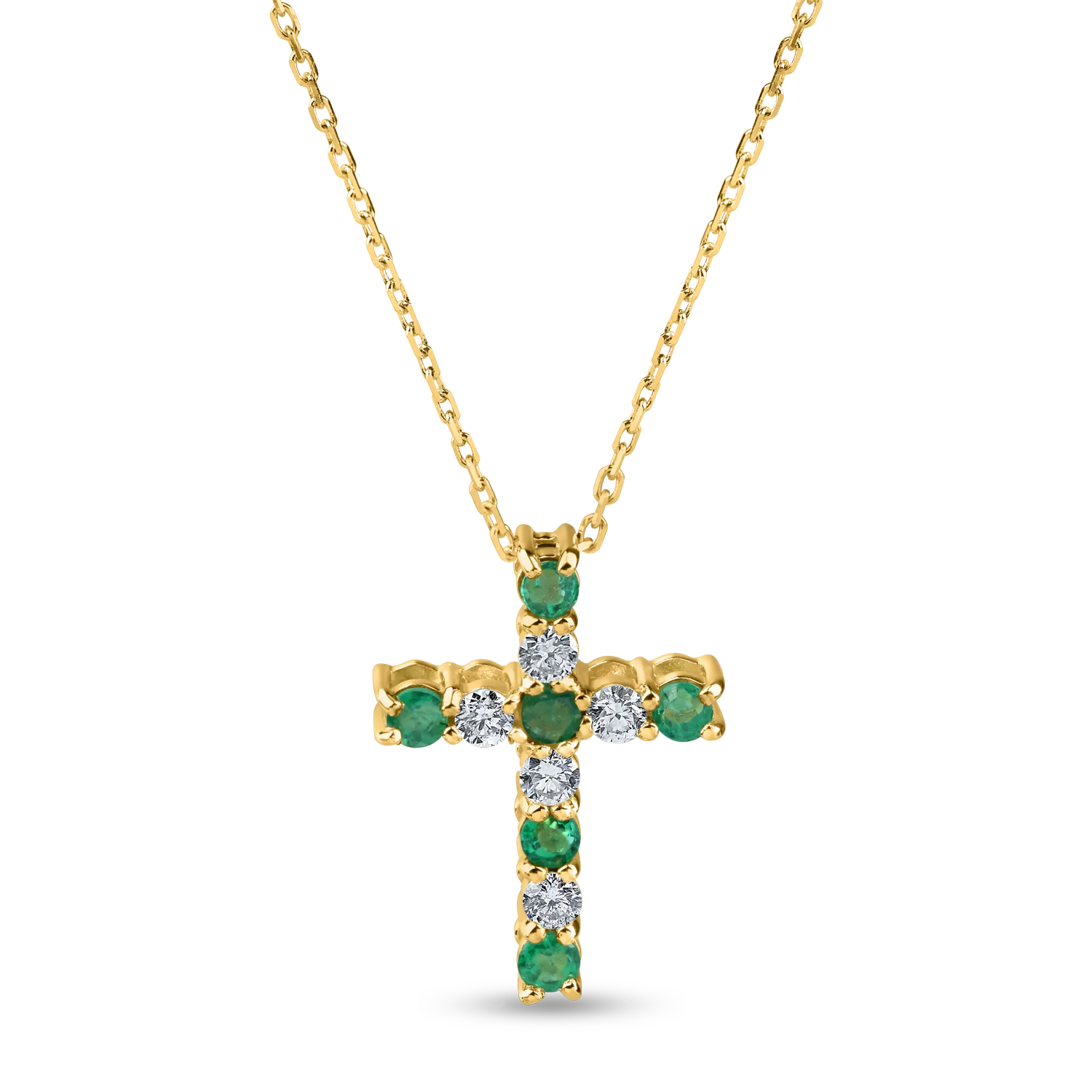 Yellow gold cross pendant necklace with 0.1ct diamonds and 0.1ct emeralds