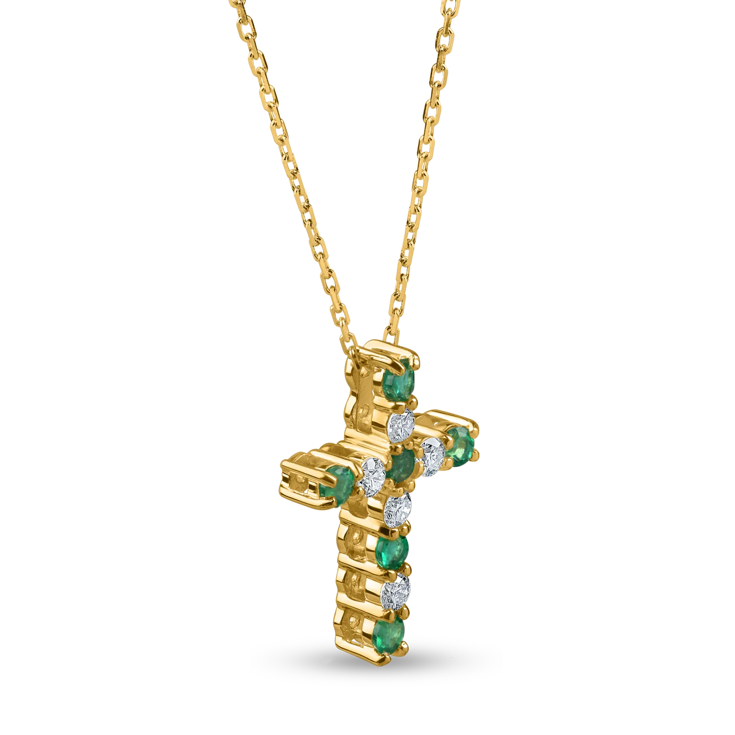 Yellow gold cross pendant necklace with 0.1ct diamonds and 0.1ct emeralds