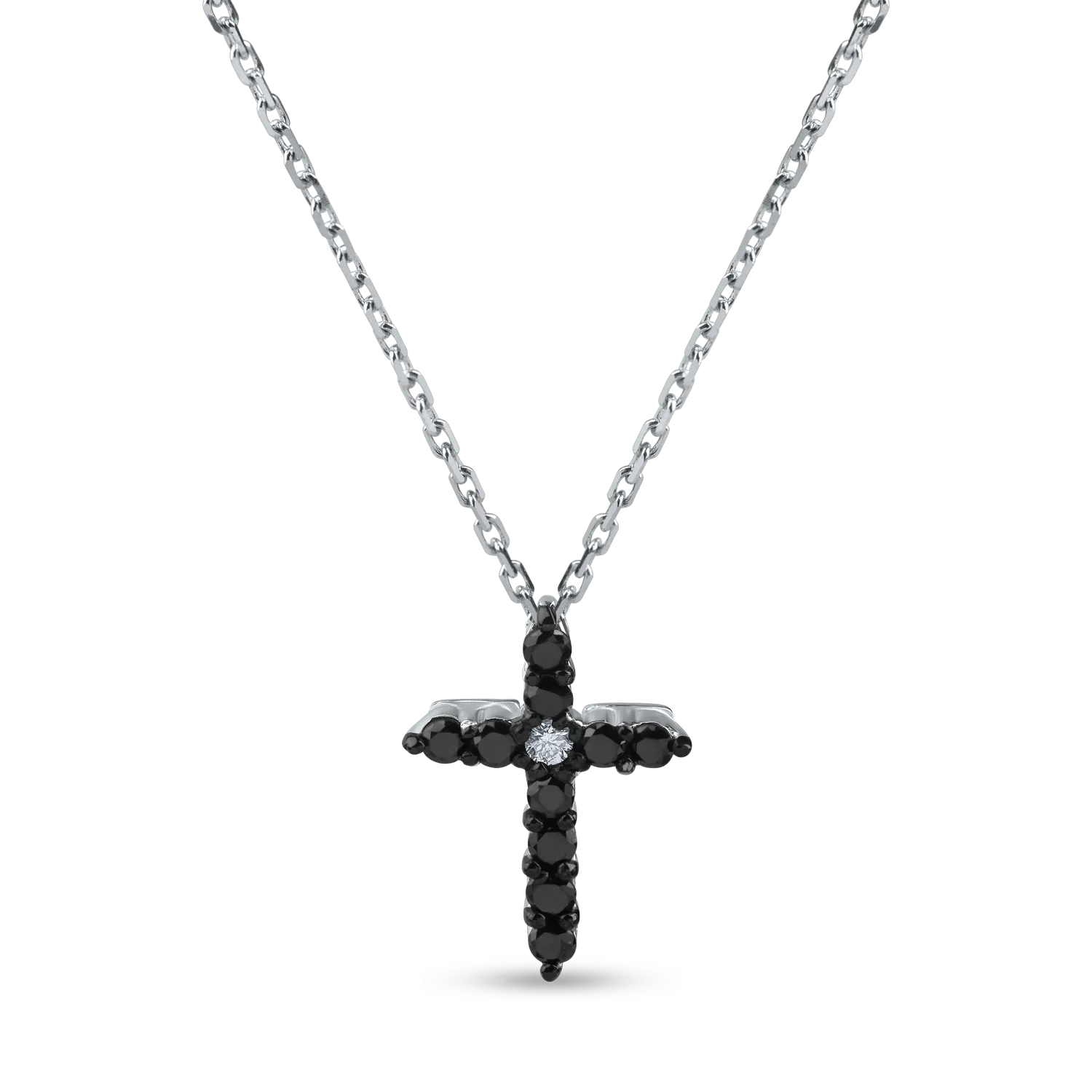 White gold cross pendant necklace with 0.01ct clear diamonds and 0.09ct black diamonds