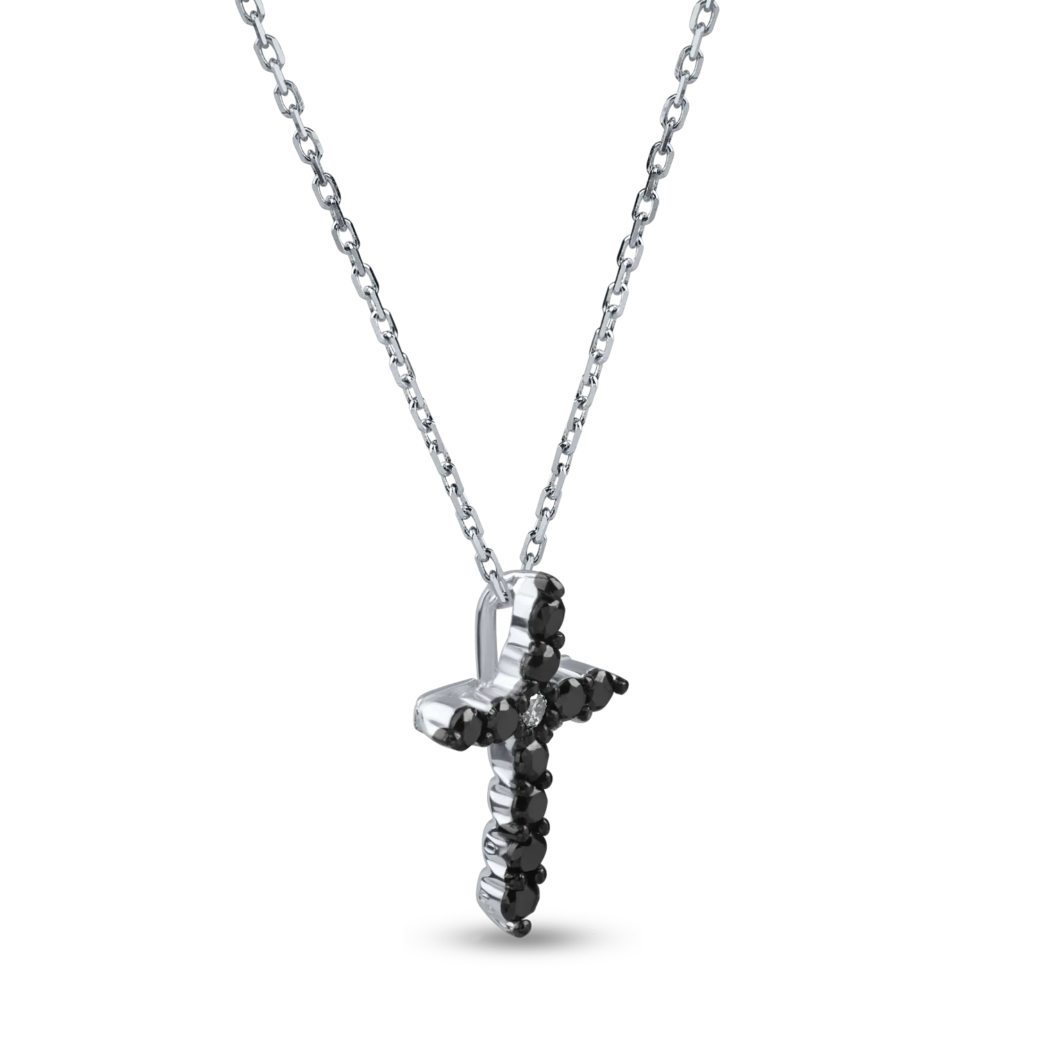 White gold cross pendant necklace with 0.01ct clear diamonds and 0.09ct black diamonds