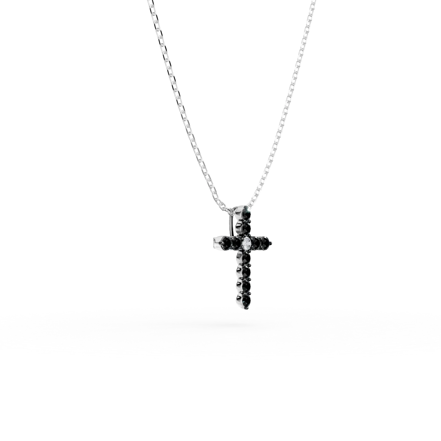 White gold cross pendant necklace with 0.01ct clear diamonds and 0.09ct black diamonds