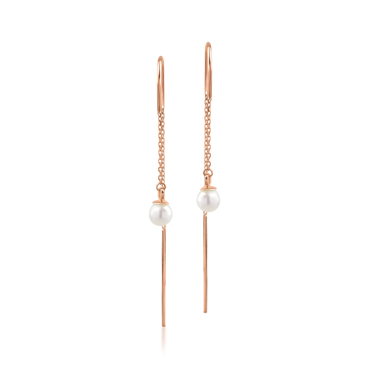 Rose gold long earrings with synthetic pearls