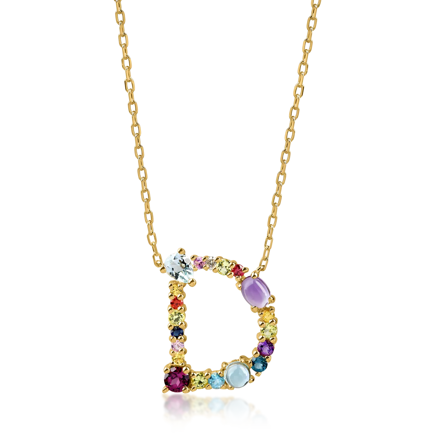 Yellow gold initial pendant necklace with 1.2ct precious and semi-precious stones