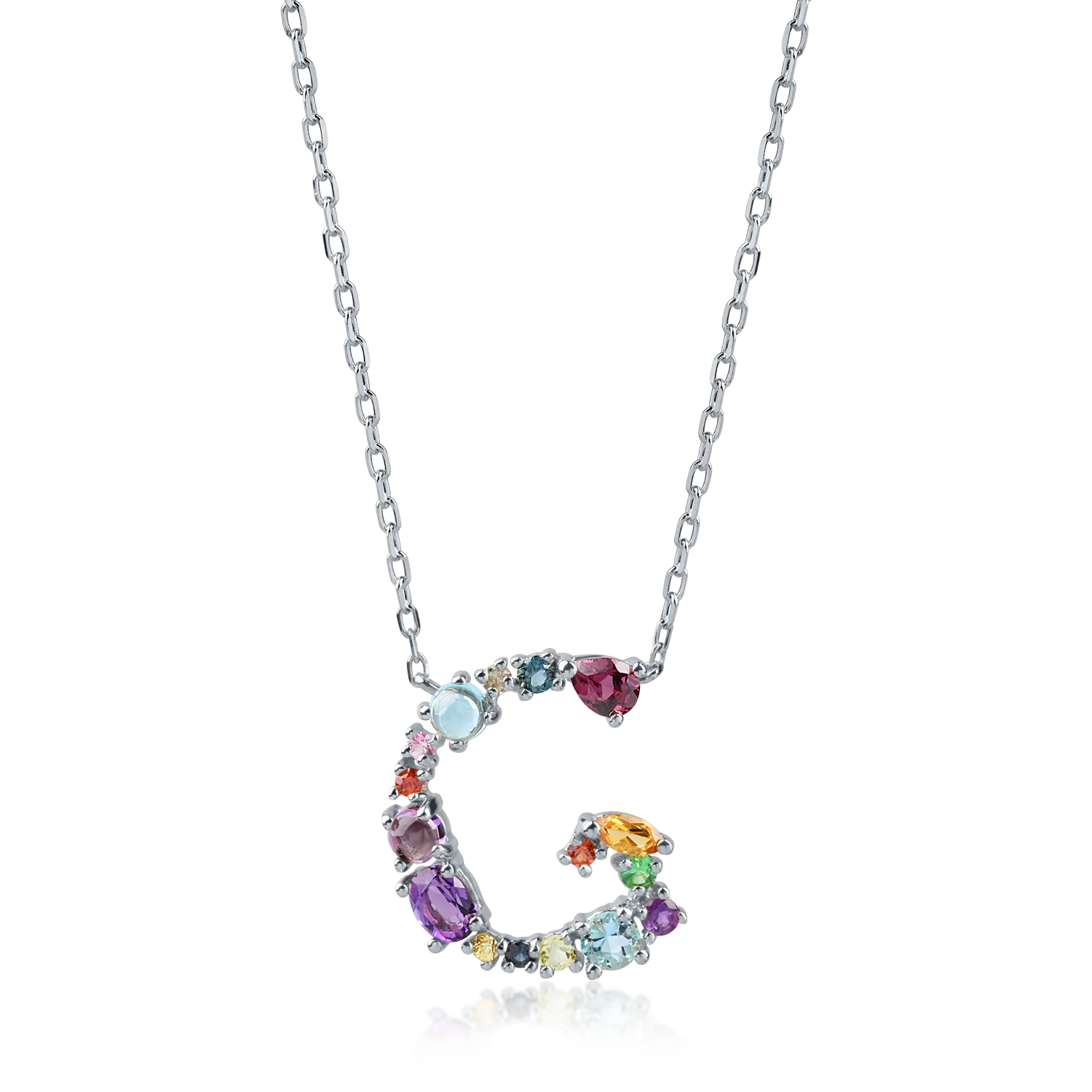 White gold initial pendant necklace with 1.2ct precious and semi-precious stones