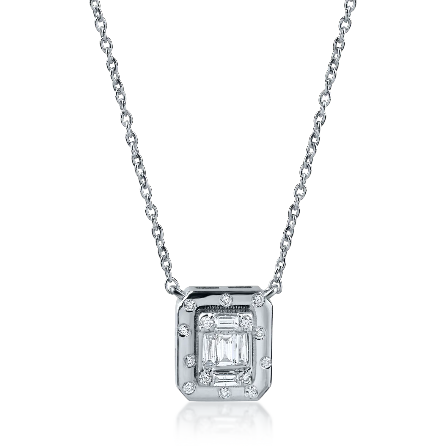Lant cu pandantiv geometric din aur alb cu diamante baguette si rotunde de 0.1ct