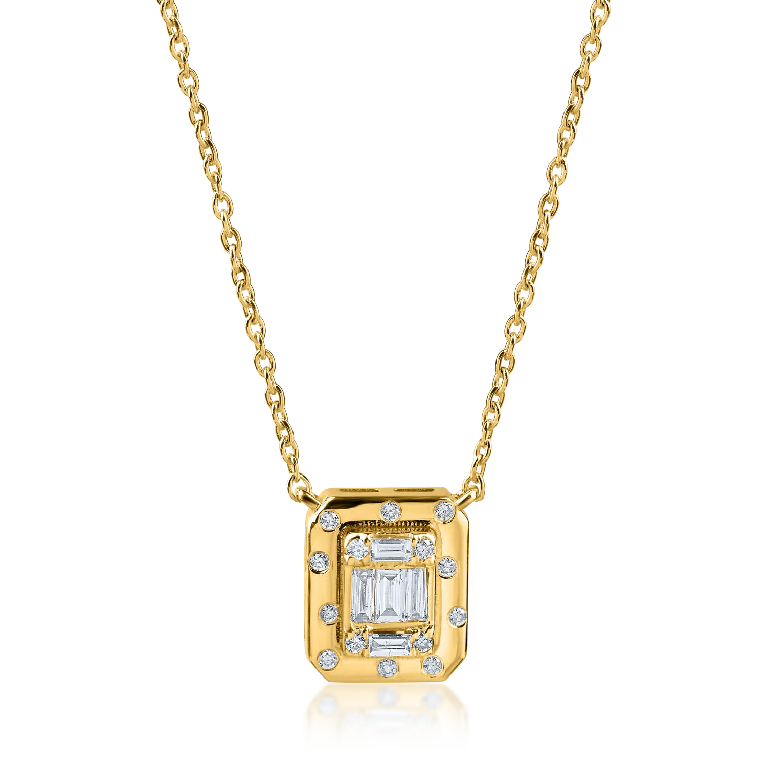 Lant cu pandantiv geometric din aur galben cu diamante baguette si rotunde de 0.1ct