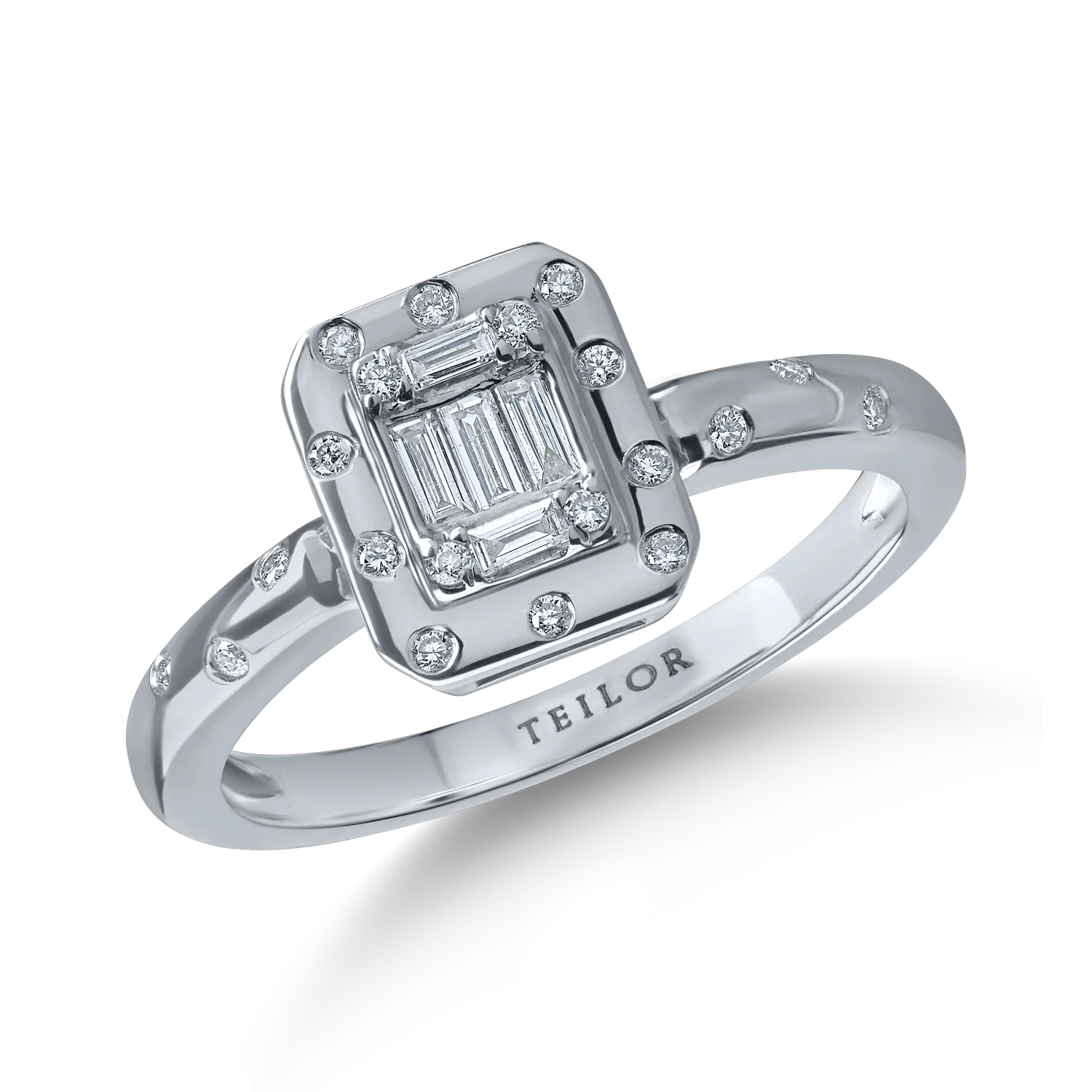 Inel din aur alb cu diamante baguette si rotunde de 0.2ct