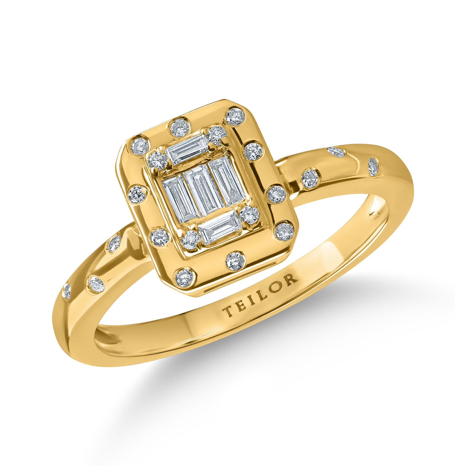 Inel din aur galben cu diamante baguette si rotunde de 0.2ct