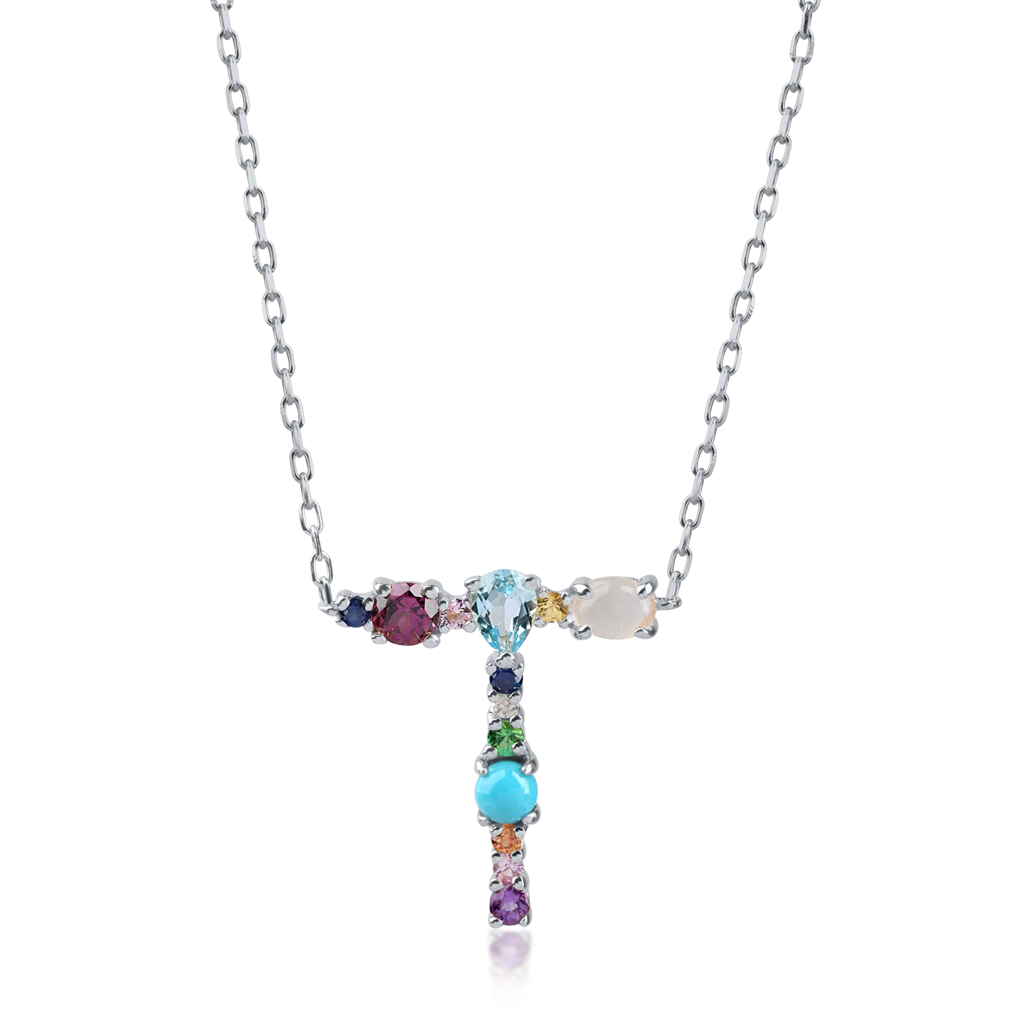 White gold initial pendant necklace with 0.9ct precious and semi-precious stones