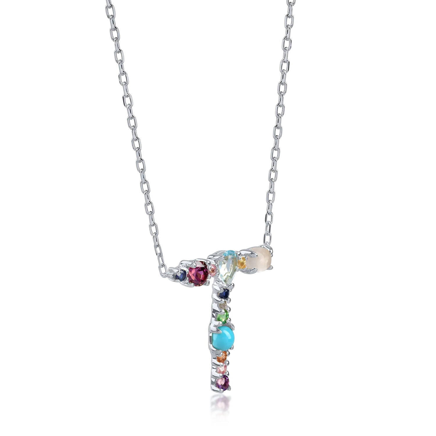 White gold initial pendant necklace with 0.9ct precious and semi-precious stones