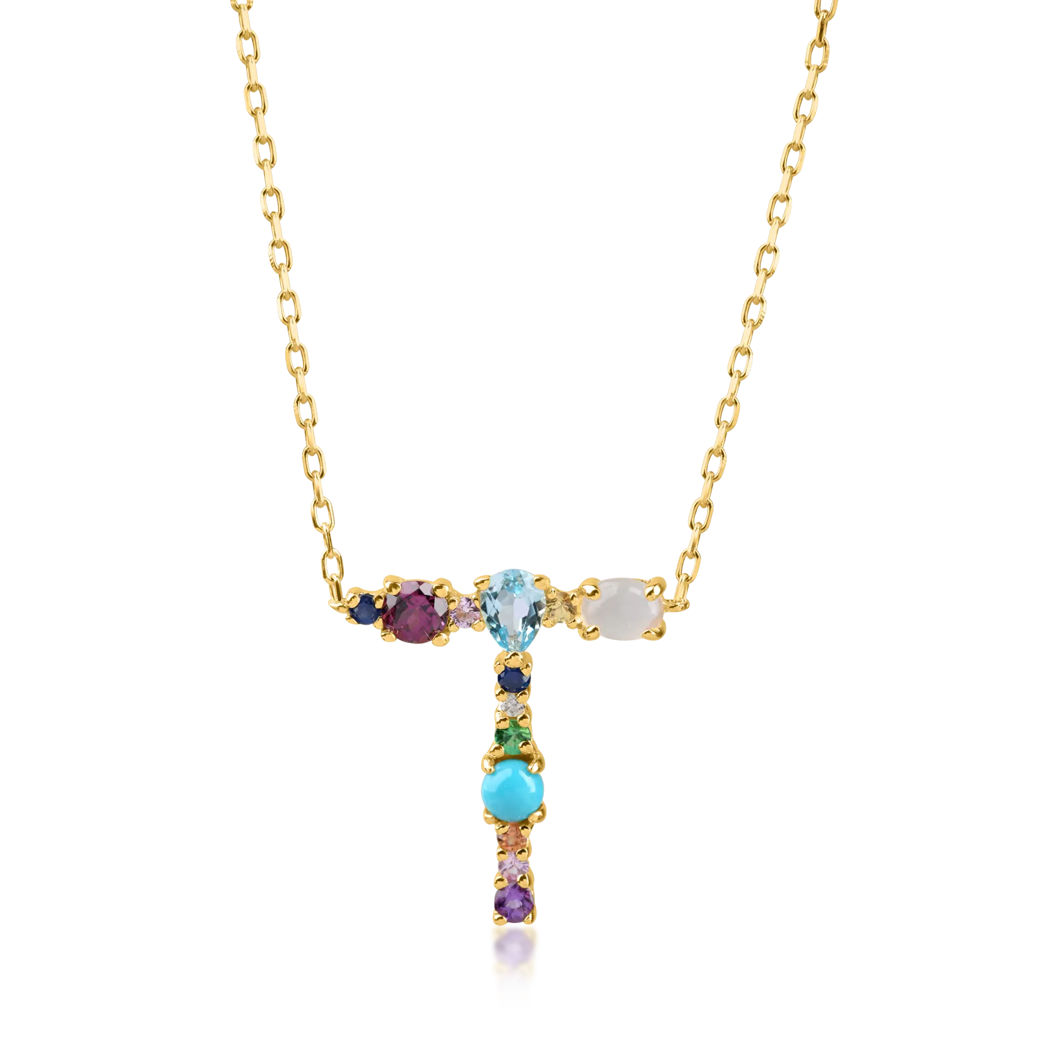 Yellow gold initial pendant necklace with 0.9ct precious and semi-precious stones