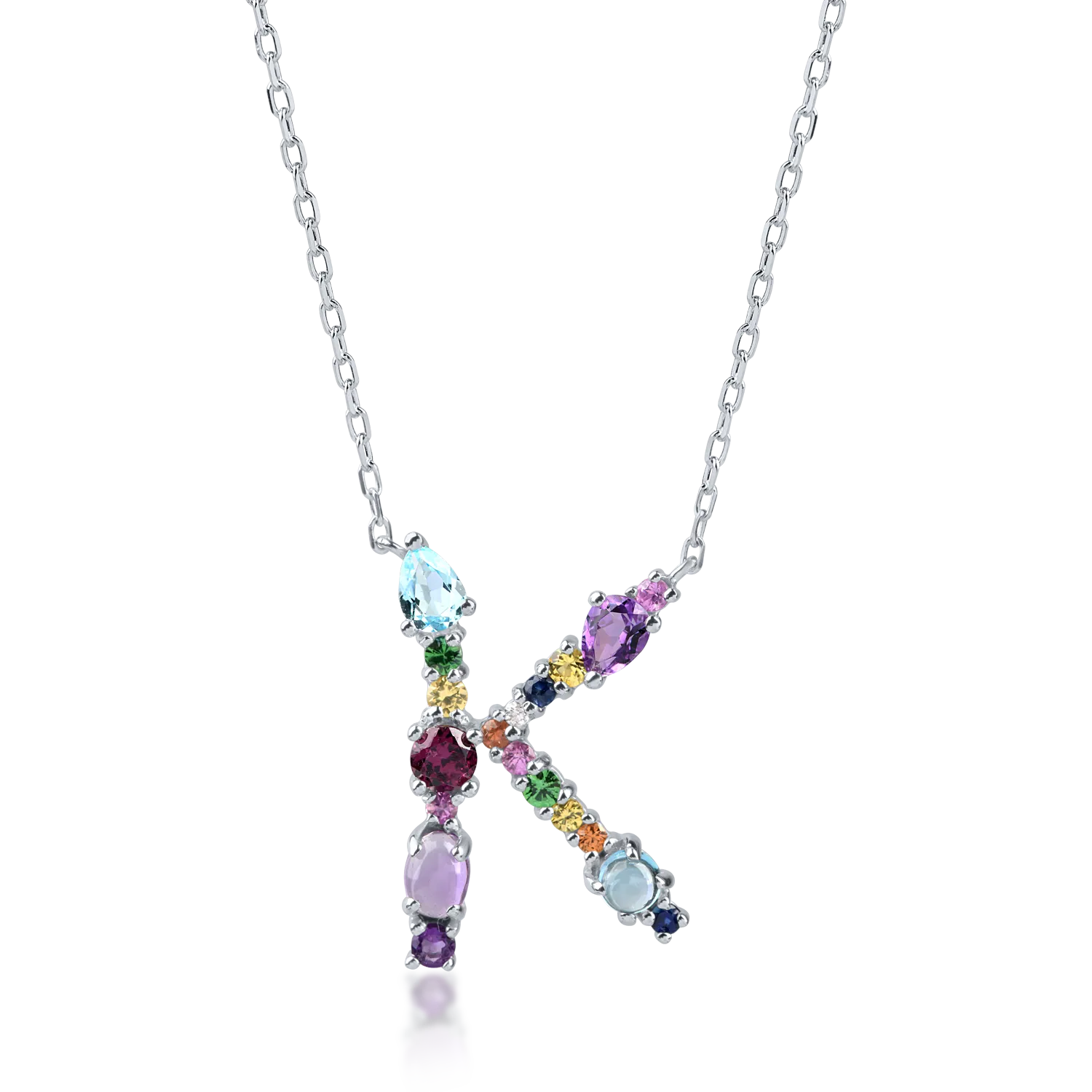 White gold initial pendant necklace with 2.2ct precious and semi-precious stones