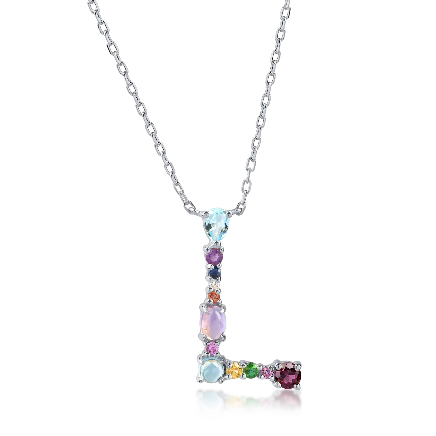 White gold initial pendant necklace with 0.9ct precious and semi-precious stones