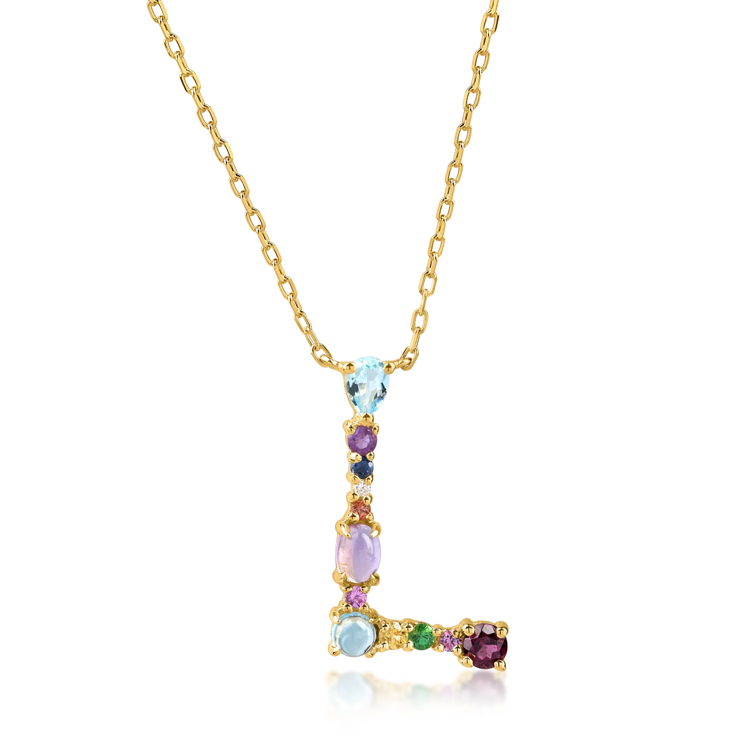 Yellow gold initial pendant necklace with 0.9ct precious and semi-precious stones