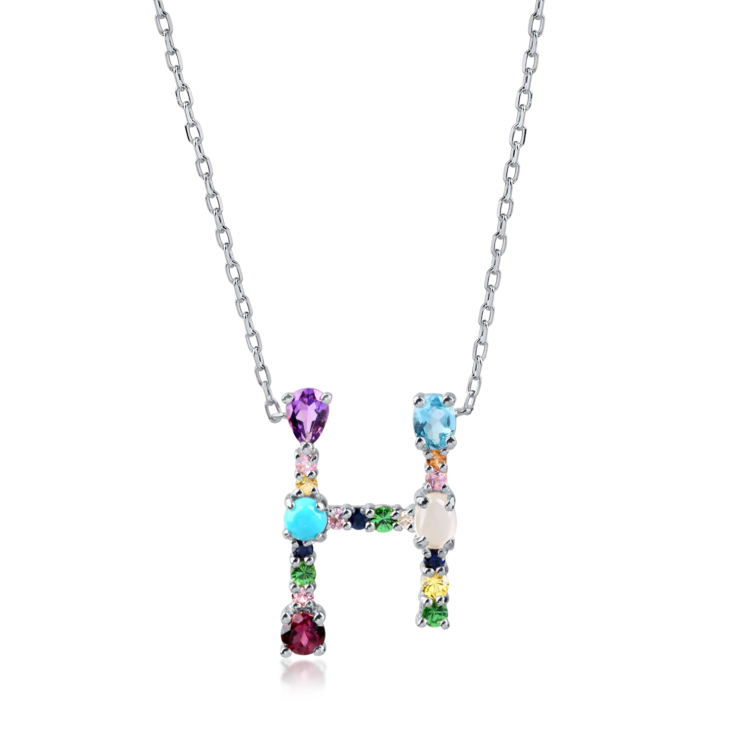 White gold initial pendant necklace with 0.9ct precious and semi-precious stones