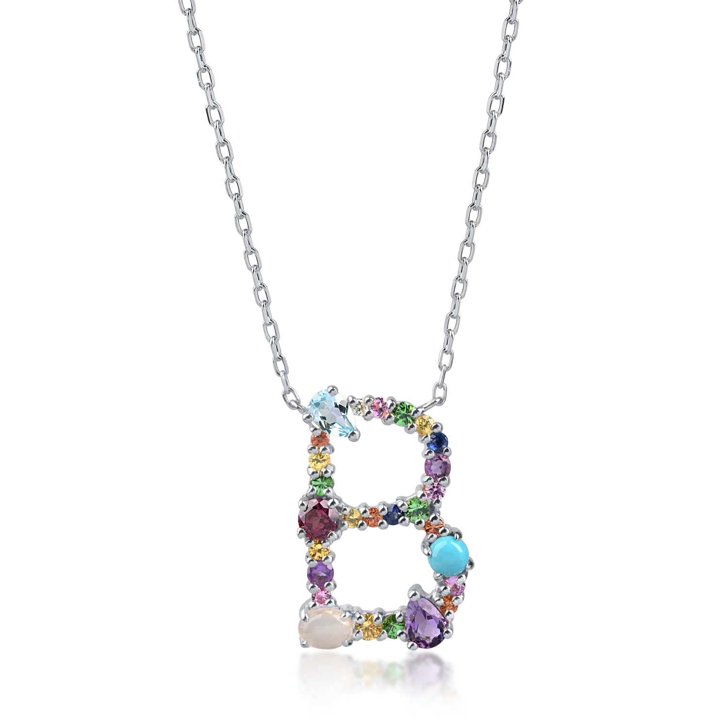 White gold initial pendant necklace with 1.3ct precious and semi-precious stones