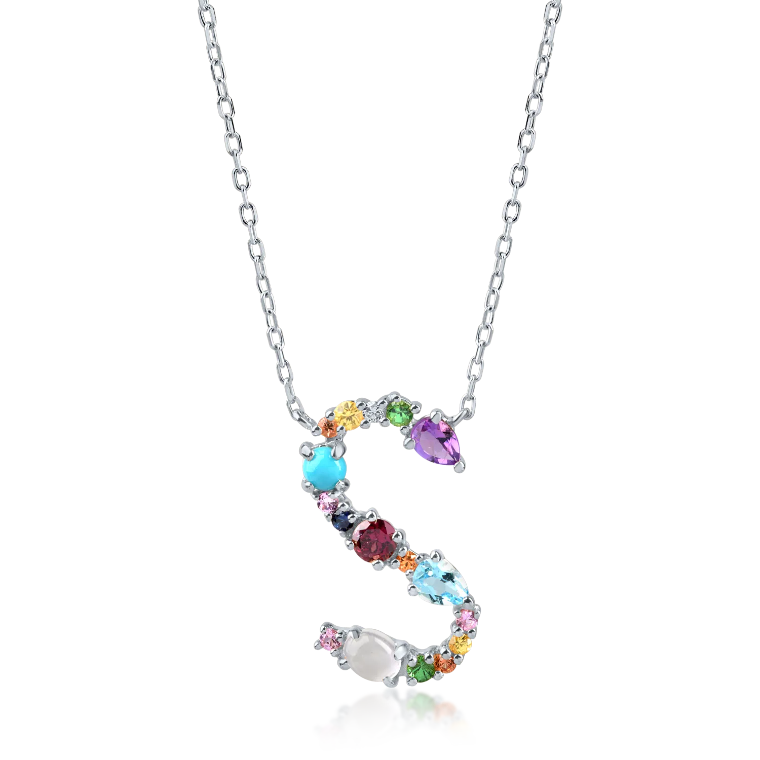 White gold initial pendant necklace with 1.1ct precious and semi-precious stones