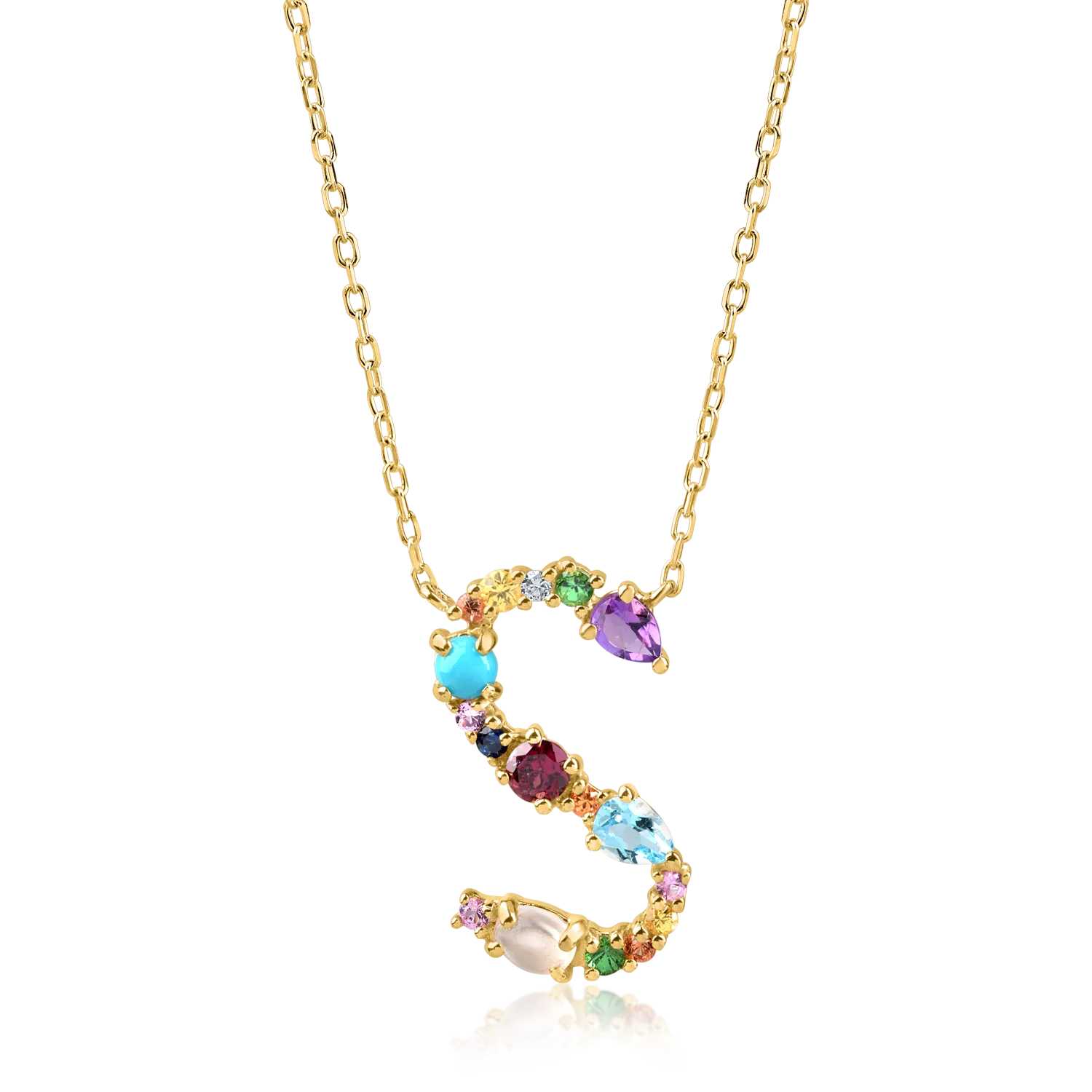 Yellow gold initial pendant necklace with 1.1ct precious and semi-precious stones