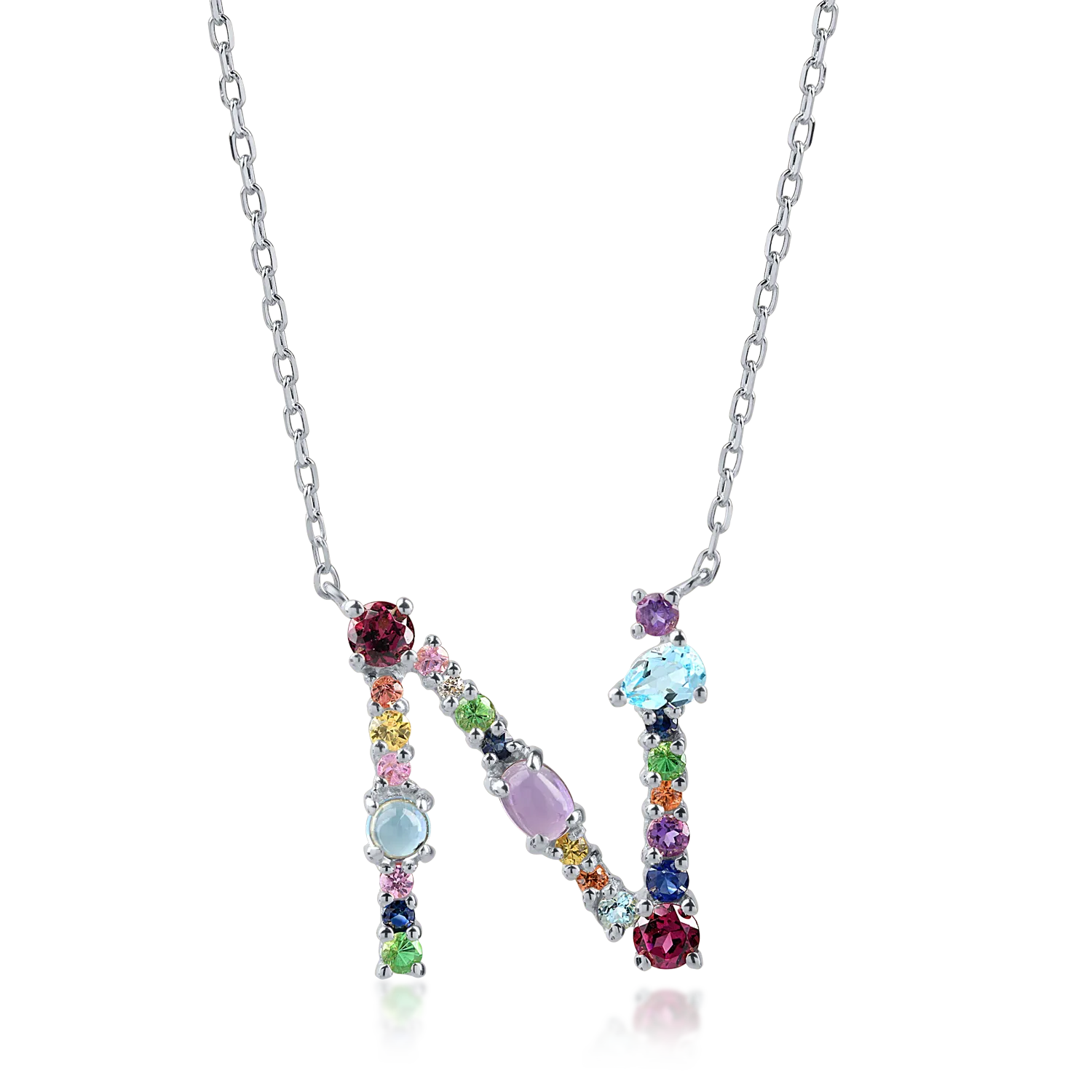 Lant cu pandantiv initiala din aur alb cu pietre pretioase si semipretioase de 1.4ct
