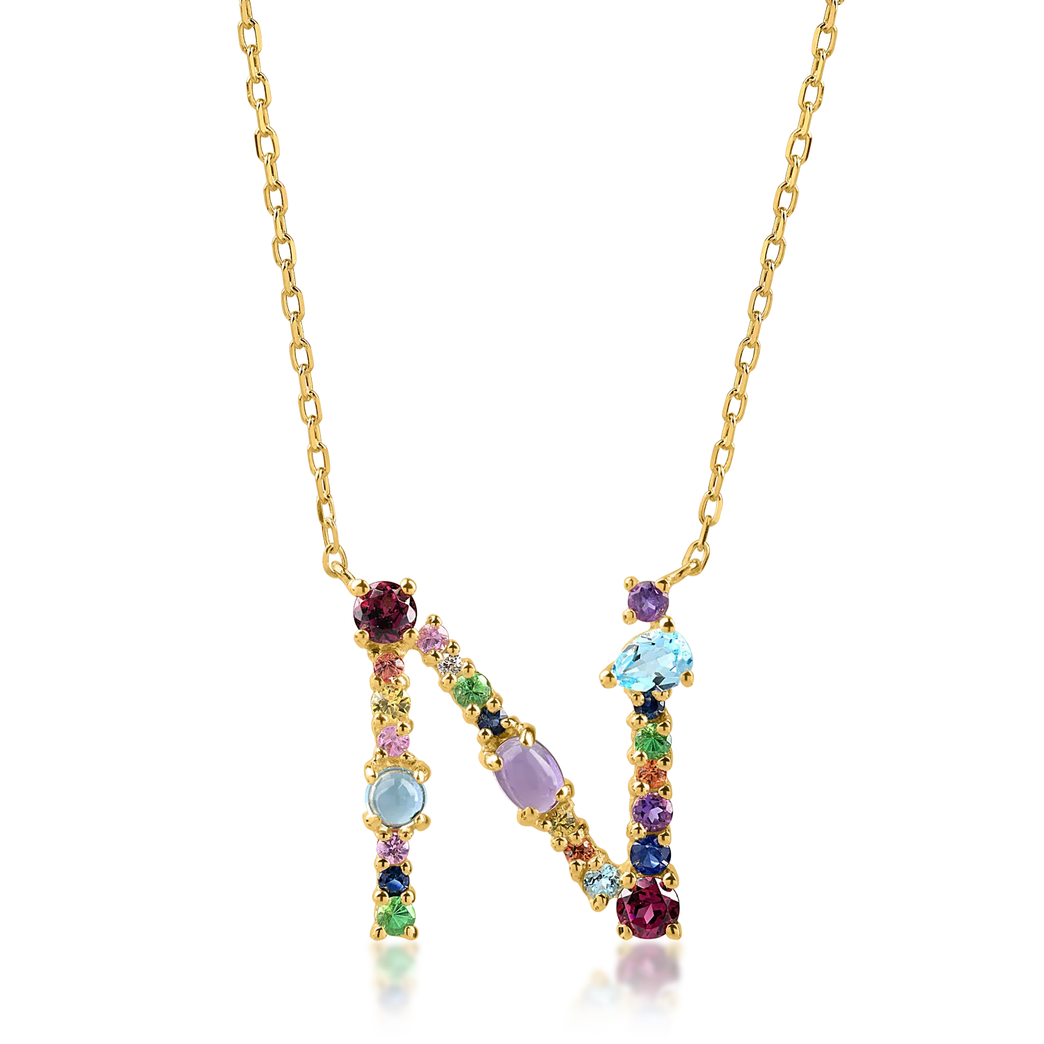 Yellow gold initial pendant necklace with 1.4ct precious and semi-precious stones