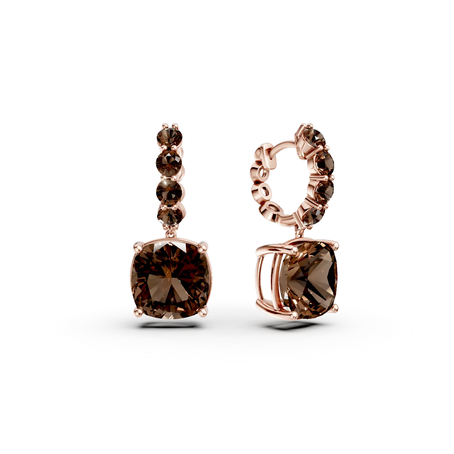 Teilor Cercei din aur roz cu cuart fumuriu cushion si rotunde de 8.75ct