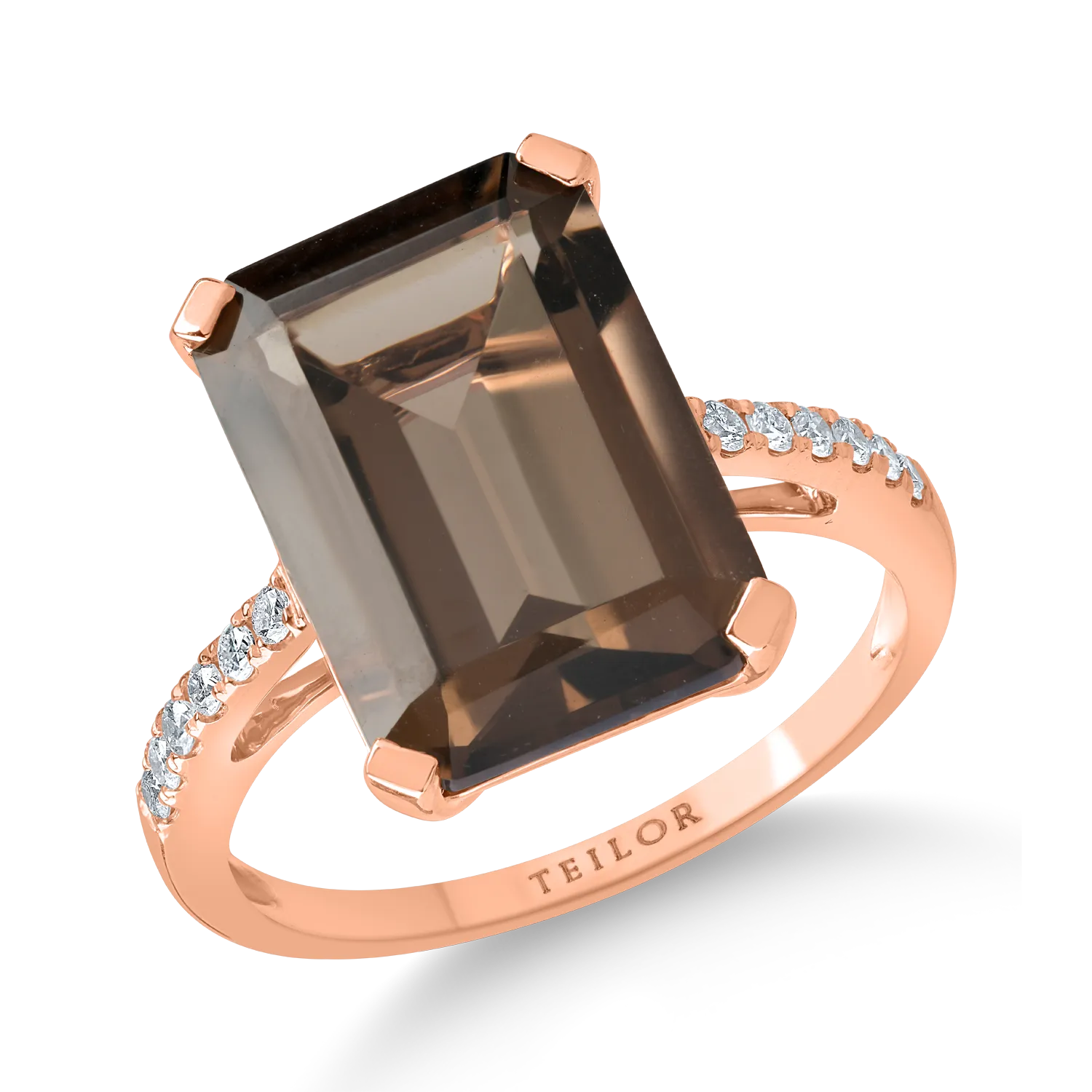 Inel din aur roz cu un cuart fumuriu de 5.5ct si diamante de 0.1ct