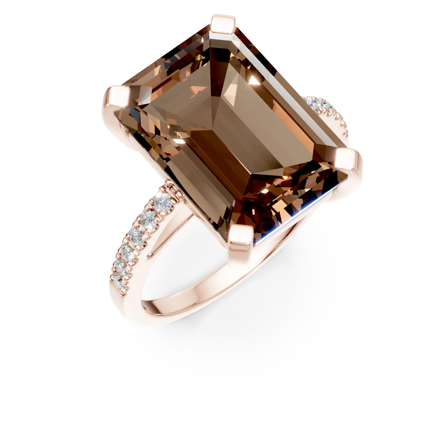 Inel din aur roz cu un cuart fumuriu octogonal de 5.53ct si diamante de 0.1ct