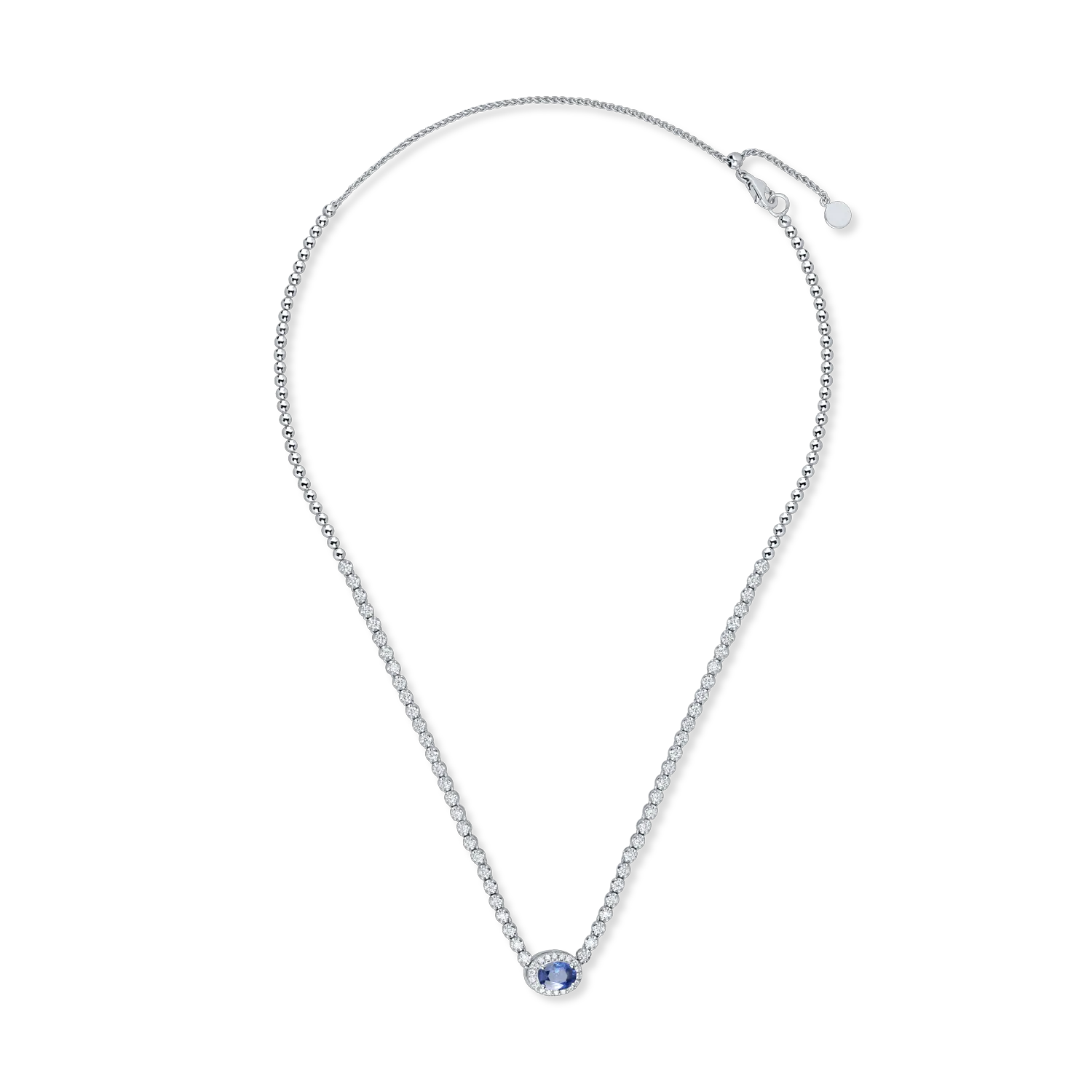 Colier tennis din aur alb cu pandantiv cu safir de 1ct si diamante de 1ct