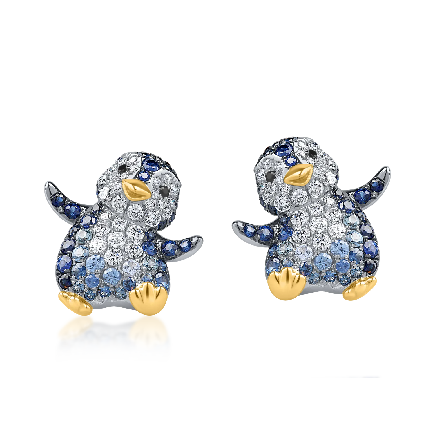 White gold penguin earrings with 1.2ct blue sapphires and 0.5ct diamonds