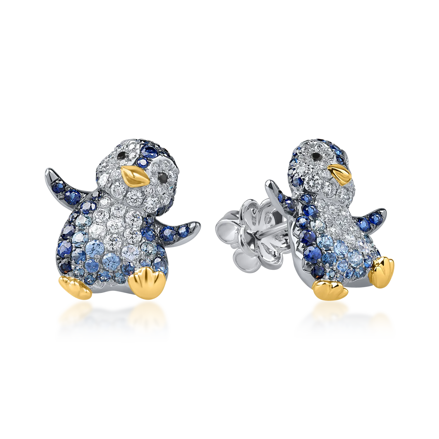 White gold penguin earrings with 1.2ct blue sapphires and 0.5ct diamonds