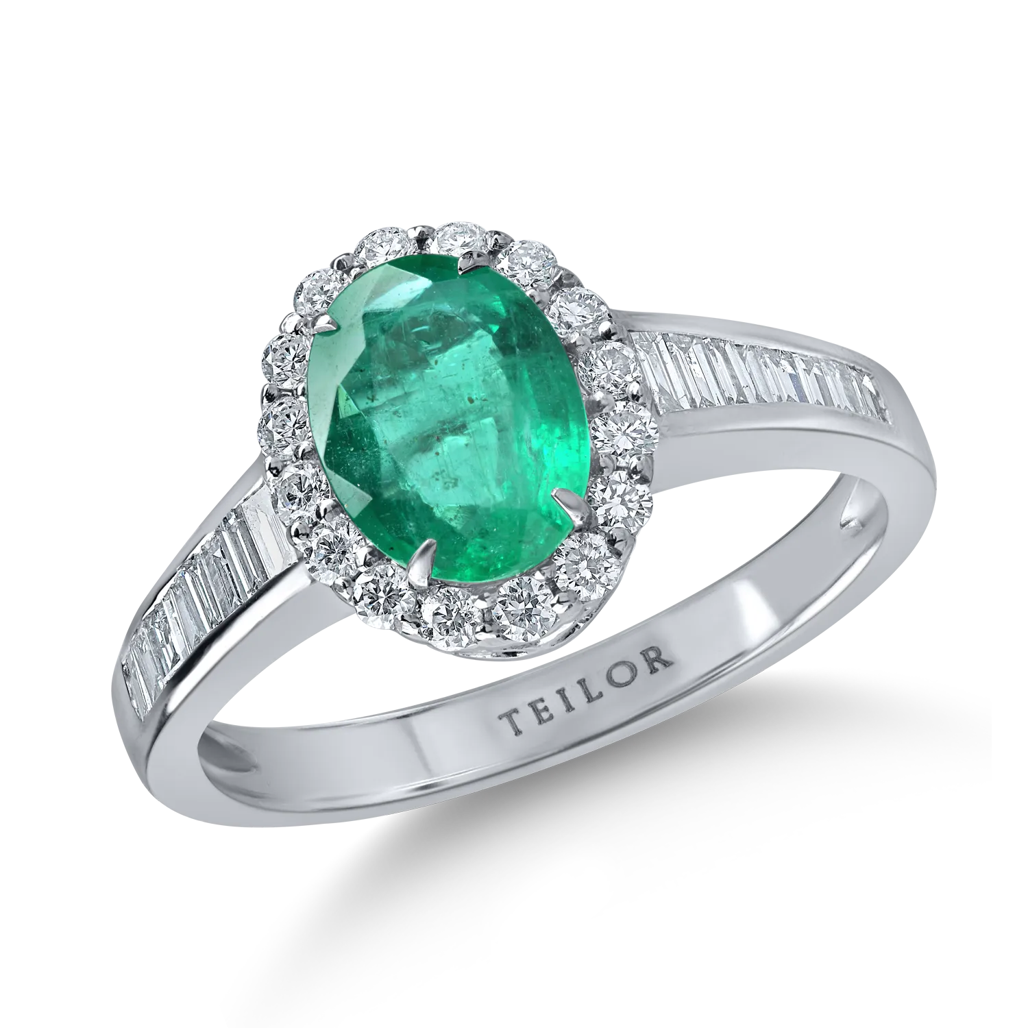 Inel din aur alb cu smarald oval de 0.9ct si diamante de 0.4ct