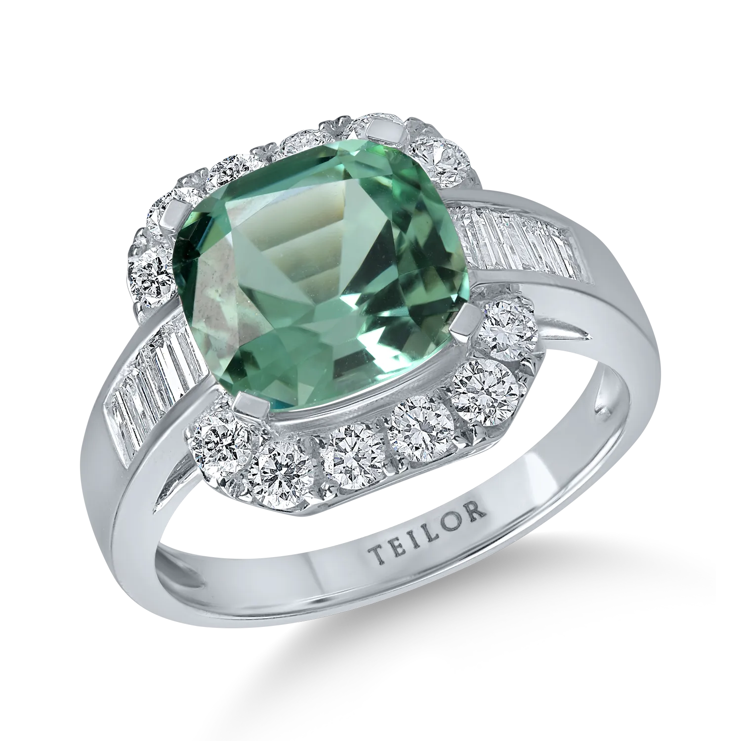 White gold geometric ring with 2.9ct green tourmaline and 0.8ct diamonds