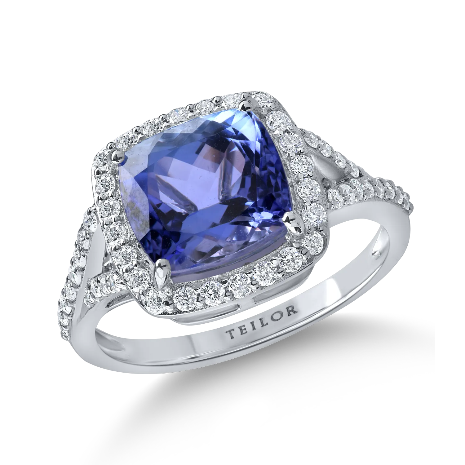 Kwadratowy pierścionek z białego złota z 3.9ct tanzanitem i 0.4ct diamentami