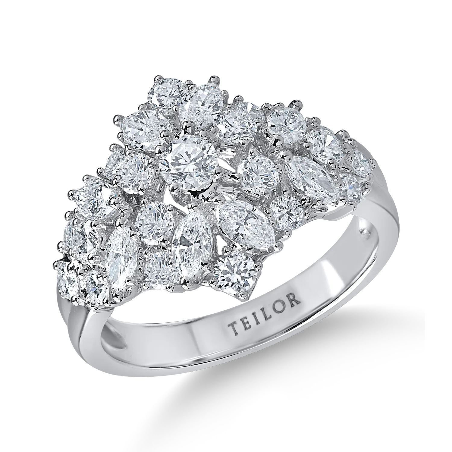 Inel geometric din aur alb cu diamante microsetting marquise si rotunde de 1.59ct