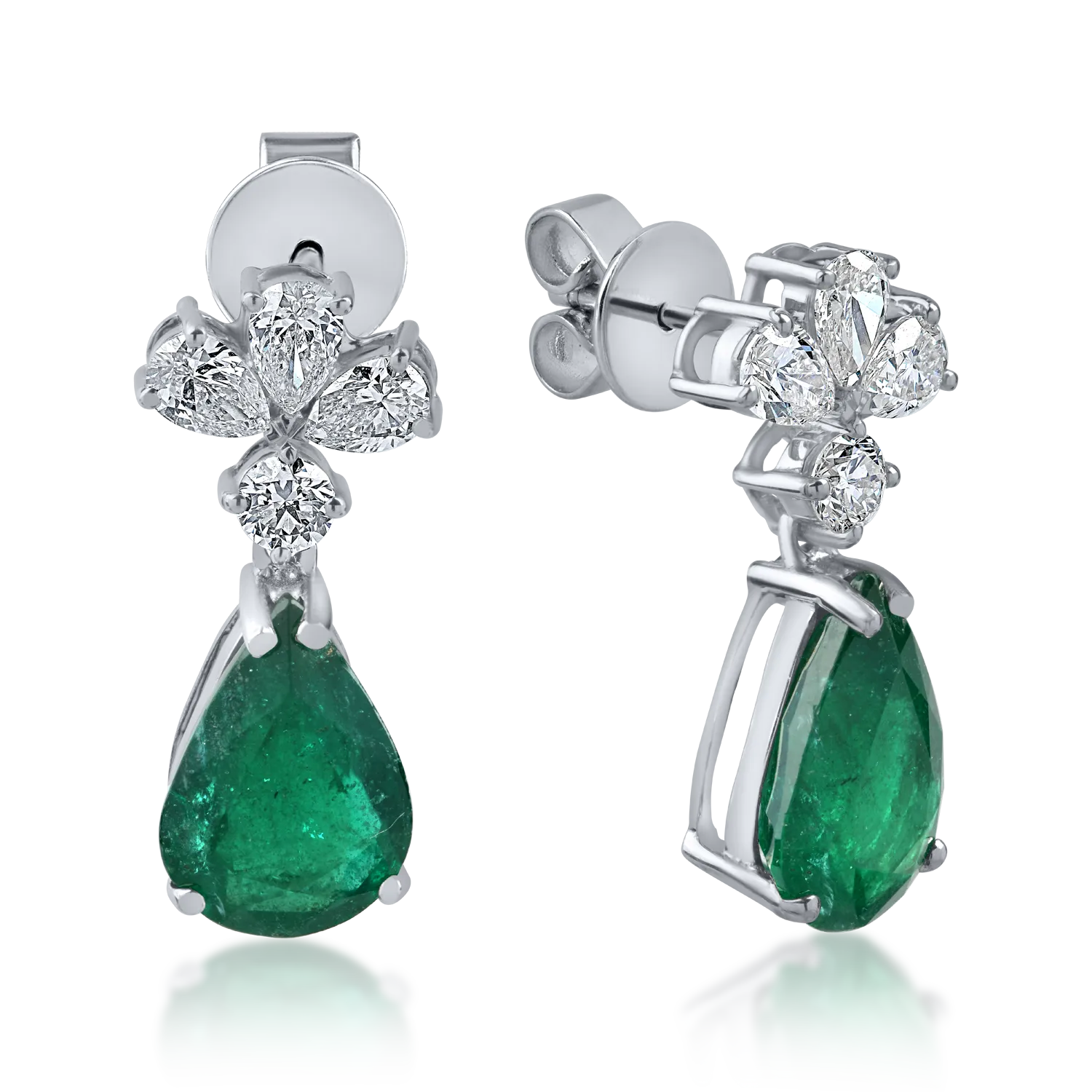 Teilor Cercei din aur alb cu smaralde pear de 3.8ct si diamante round si pear de 1ct