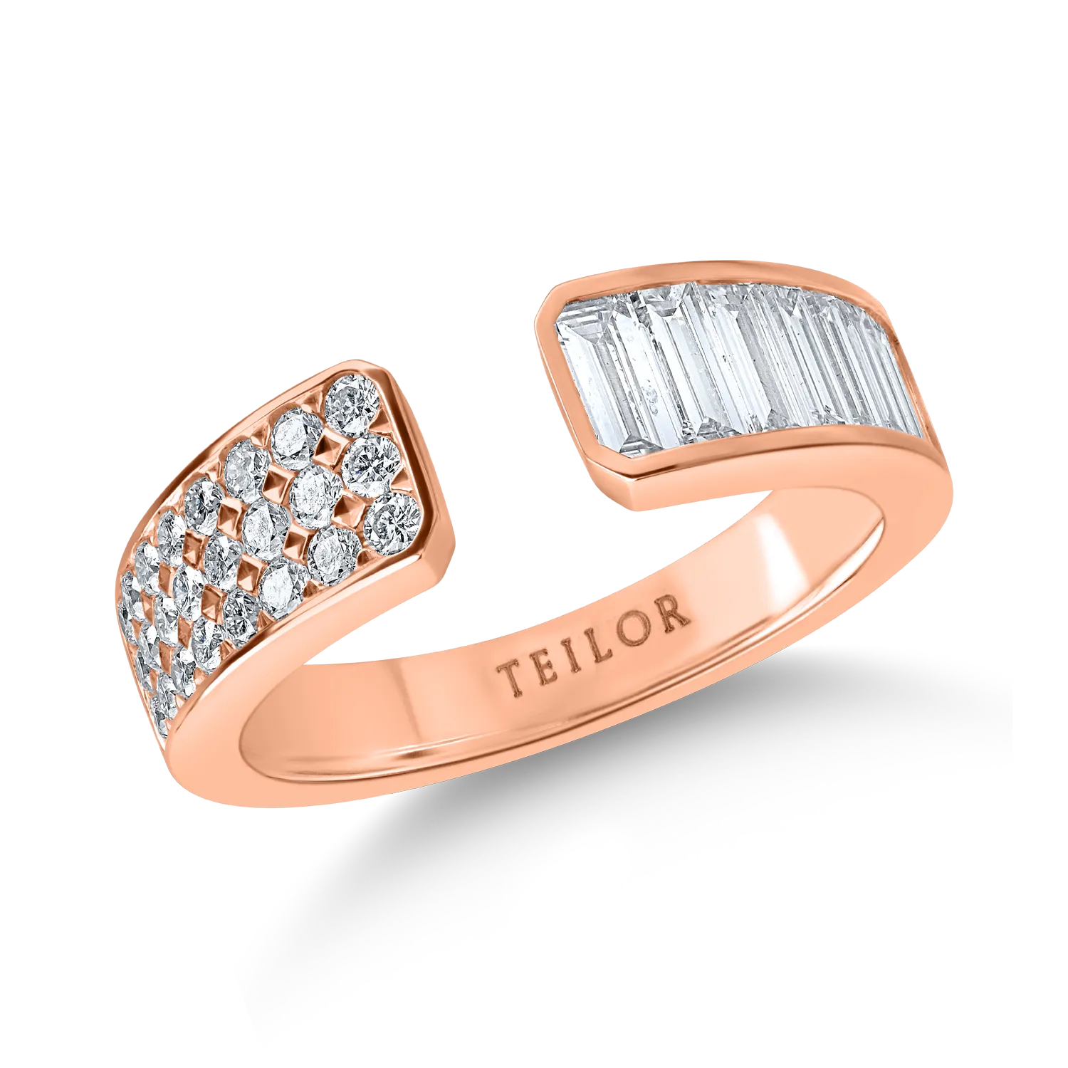 Inel deschis din aur roz cu diamante baguette si rotunde de 0.9ct