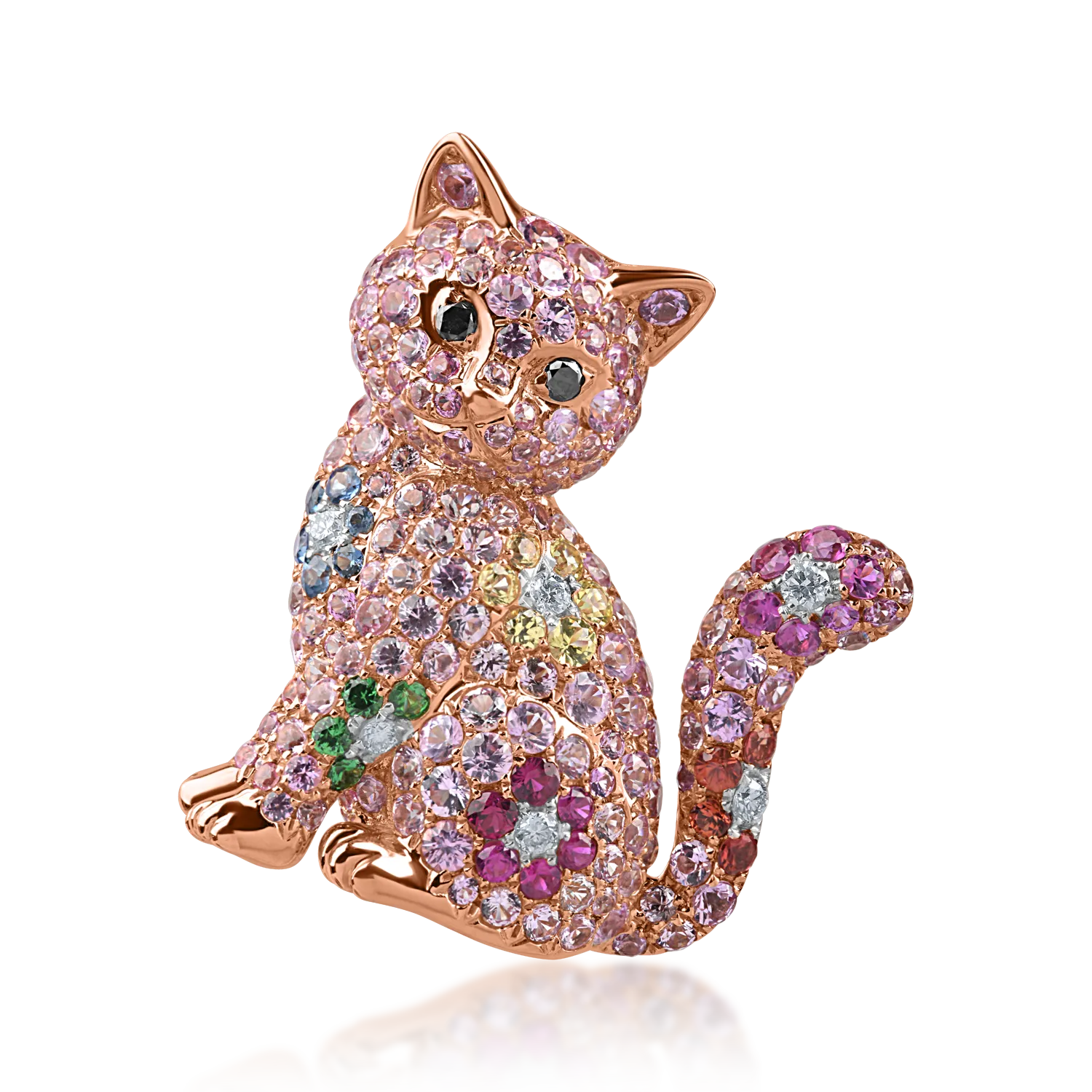 White-rose gold cat brooch with 3.2ct multicolored sapphires and 0.1ct diamonds