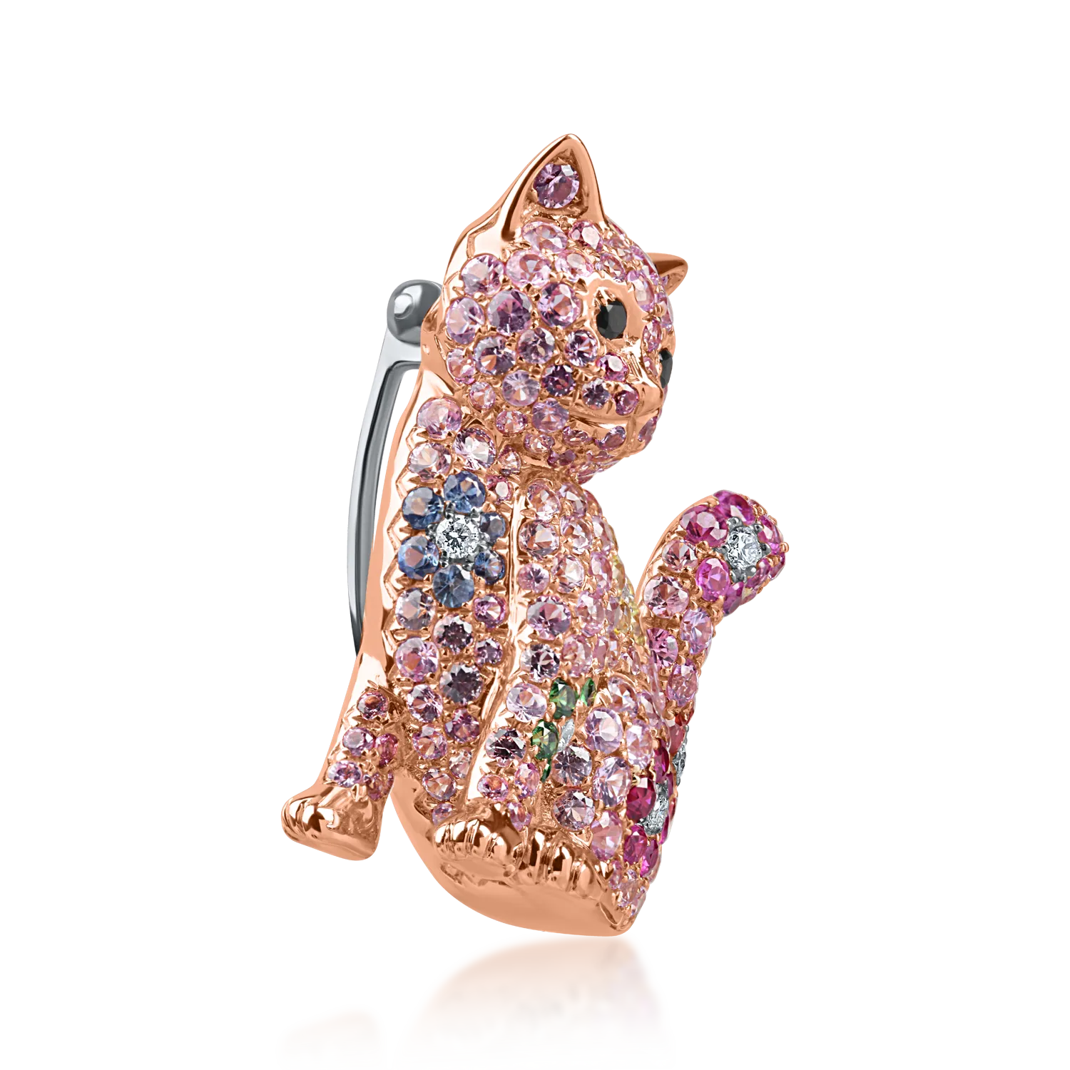 White-rose gold cat brooch with 3.2ct multicolored sapphires and 0.1ct diamonds