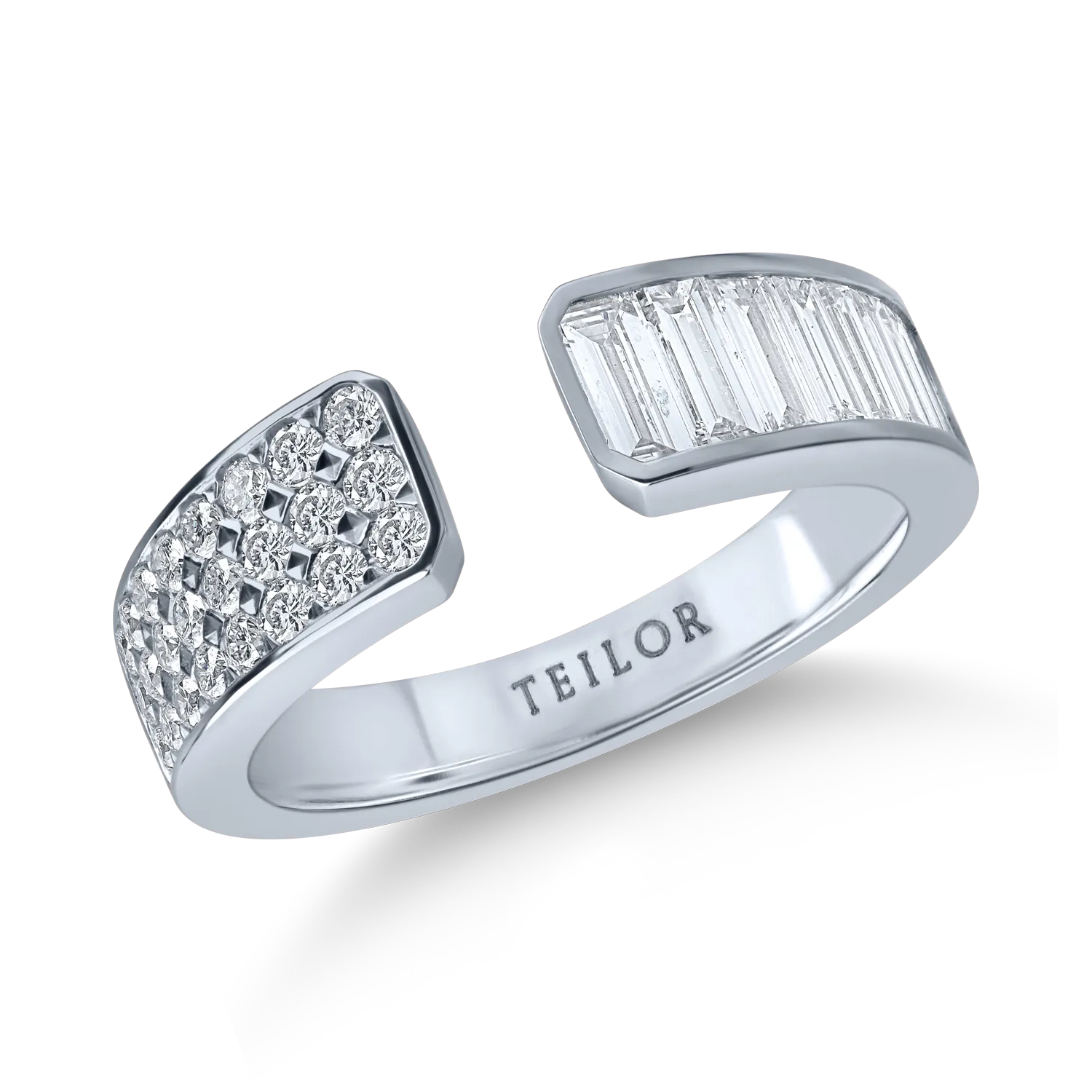 Inel deschis din aur alb cu diamante baguette si rotunde de 1.3ct
