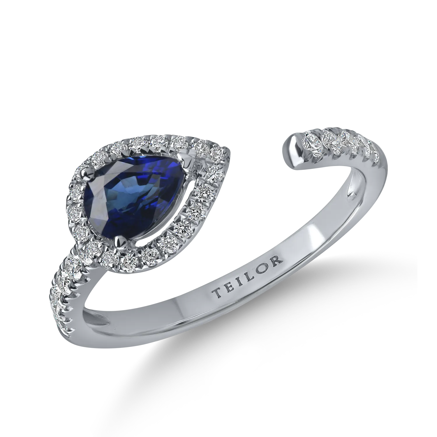 Inel deschis din aur alb cu safir pear de 0.6ct si diamante de 0.2ct