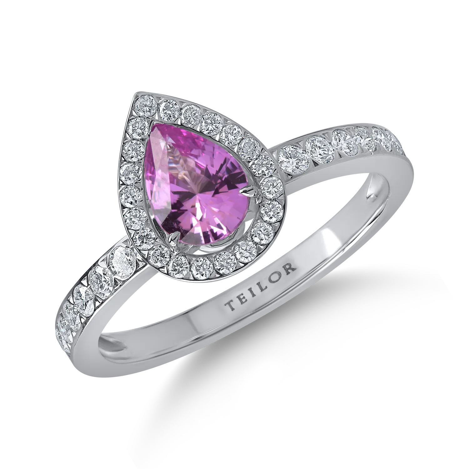 Inel din aur alb cu safir roz pear de 0.7ct si diamante de 0.3ct