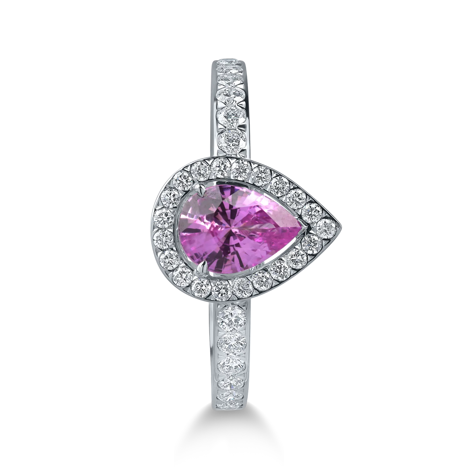 Inel din aur alb cu safir roz pear de 0.7ct si diamante de 0.3ct - imagine 2