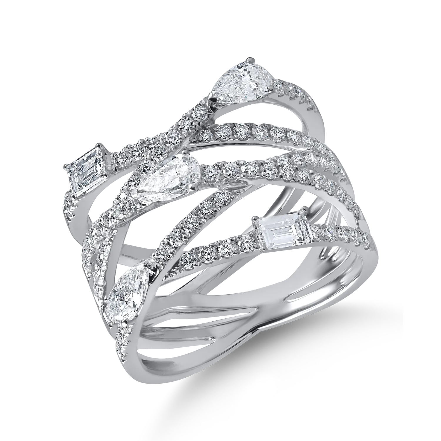 Inel din aur alb cu diamante baguette, pear si rotunde de 1.4ct