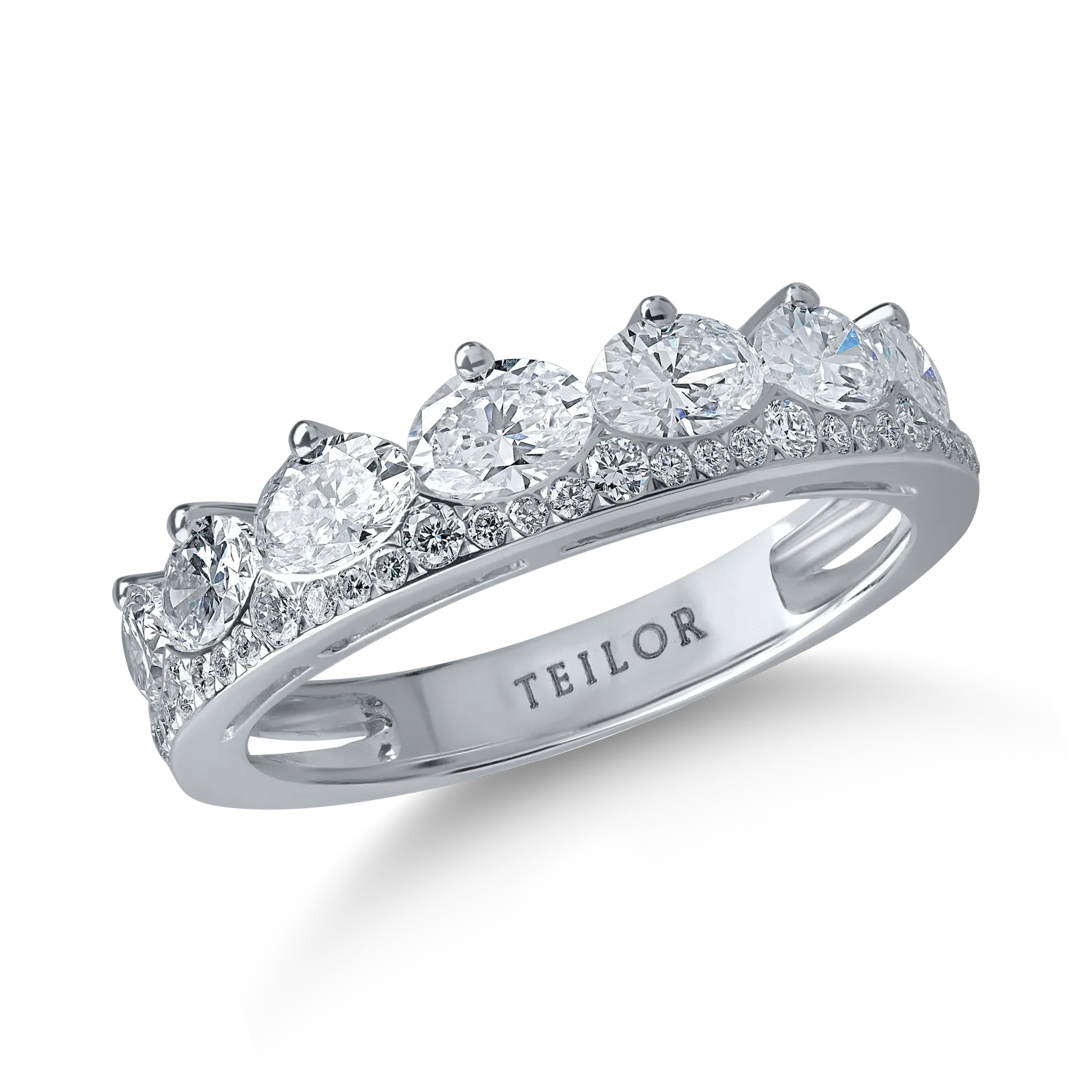 Inel semi eternity din aur alb cu diamante ovale si rotunde de 1.5ct